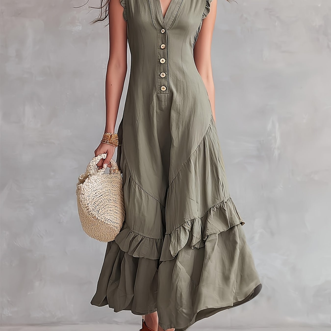 TEMU Vintage V-neck Button-up Hem Maxi Dress