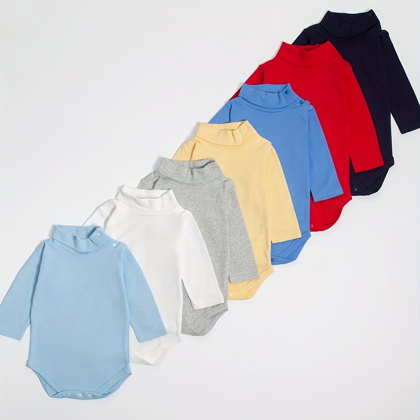 Image of 5pcs Of Baby Turtleneck Long-sleeved Triangle Romper, Easy Solid Color Baby Onesie, Soft And Comfortable Baby Boy Clothes, For Outdoor