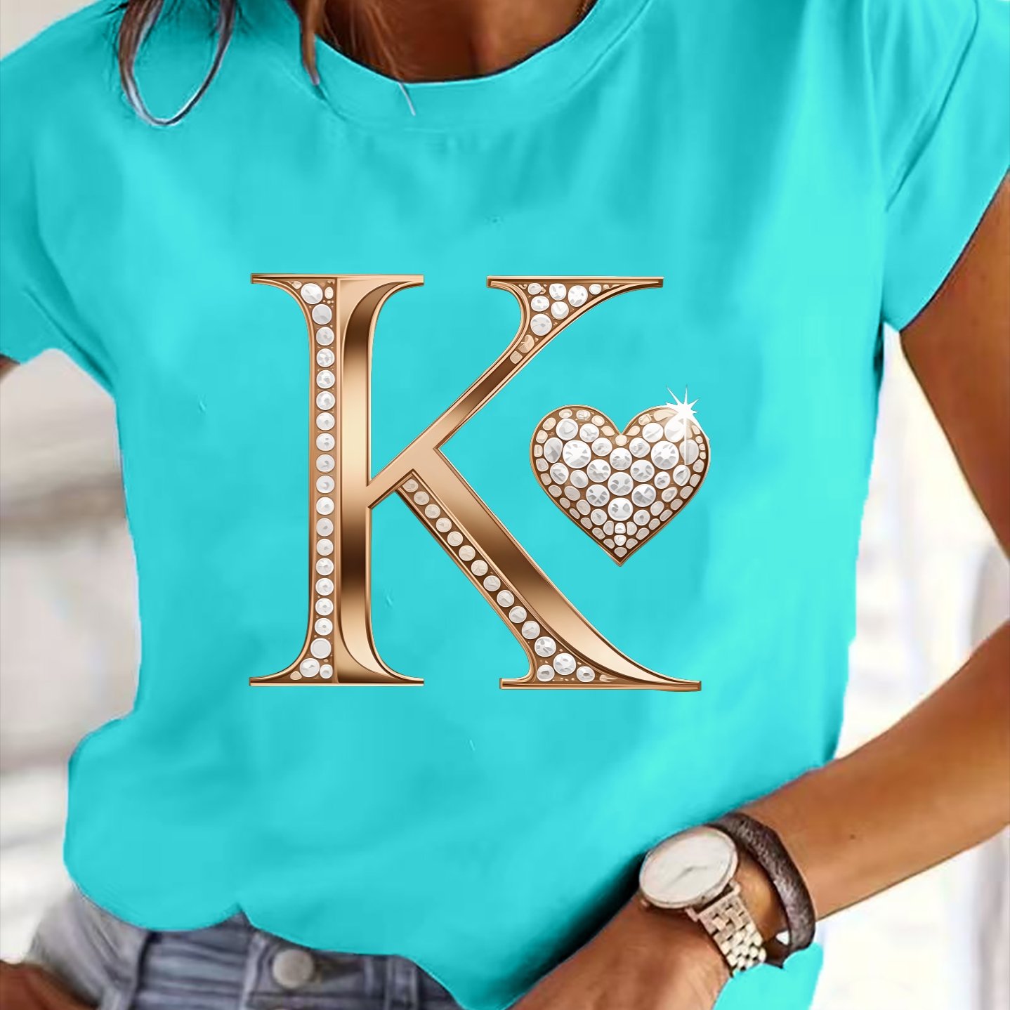 TEMU 3388# Elegant Women's T-shirt Short Sleeve, Fashionable , Summer Essential, Travel, Date, Gift, Vacation, Beach Heart Pattern