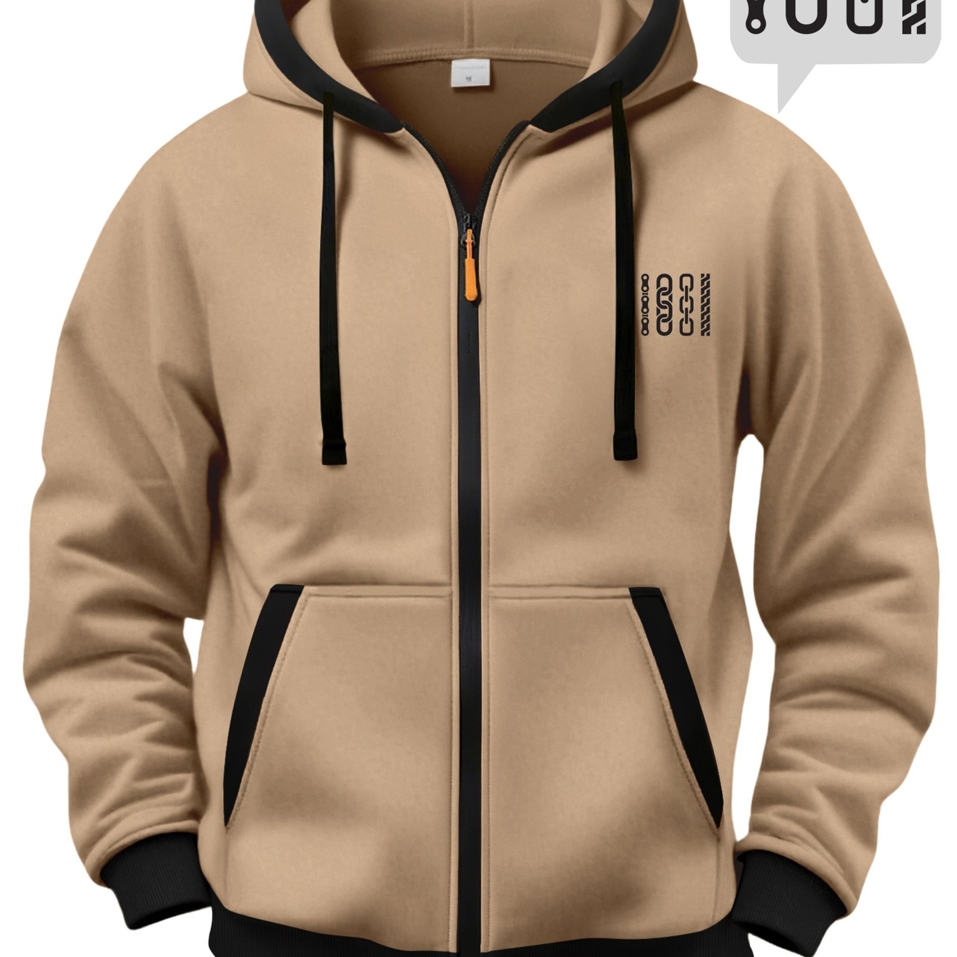 TEMU Men's Color Block Hooded Cardigan Sweatshirt, Casual Fashion Jacket, Trendy Black Chain Print, -lined Warm Autumn/winter Long-sleeve Top