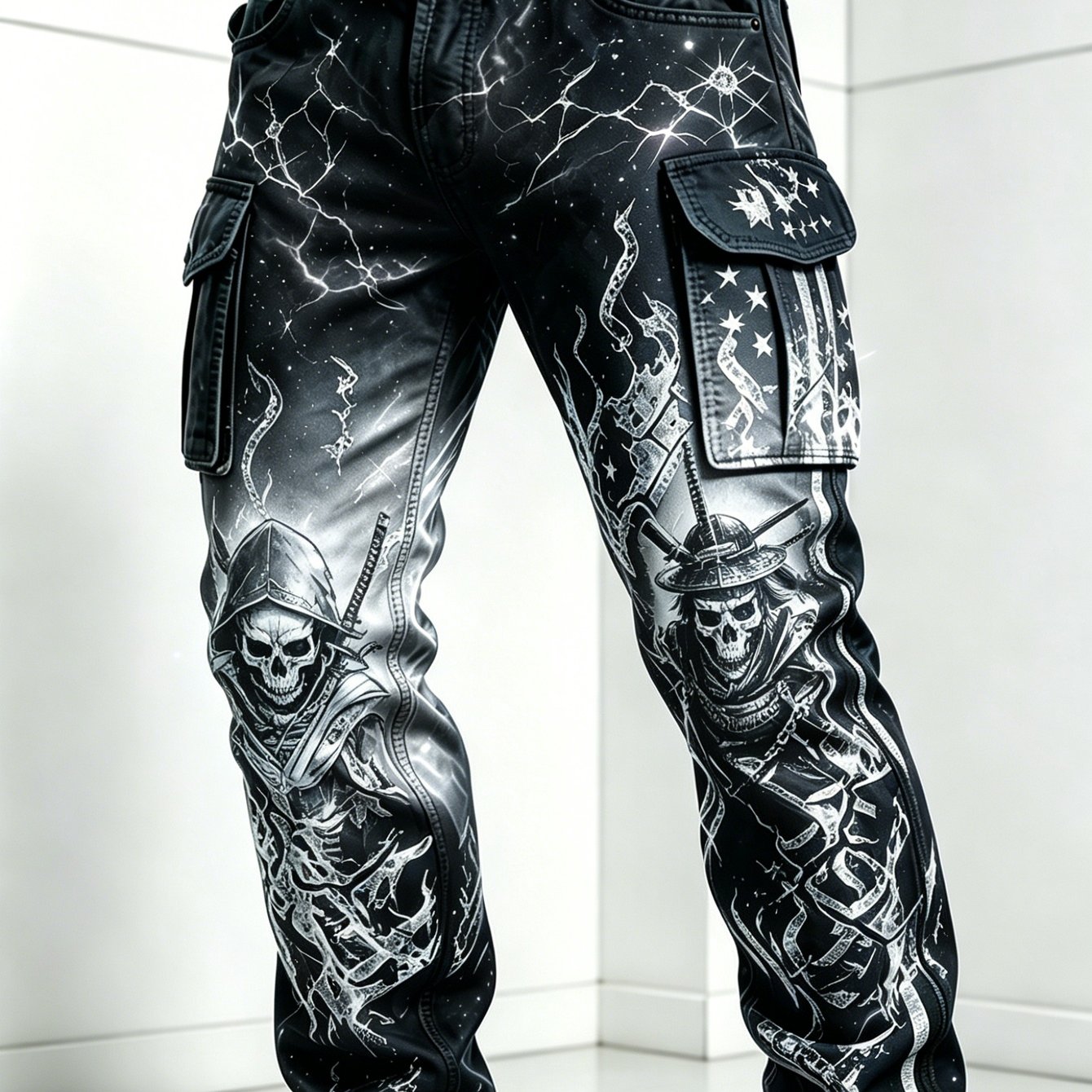 Image of Men's Style Cargo Pants With Of Skull, , And Lightning Patterns, Loose Straight-leg Casual Trousers, Suitable For Daily , Campus Fashion, And Party Wear
