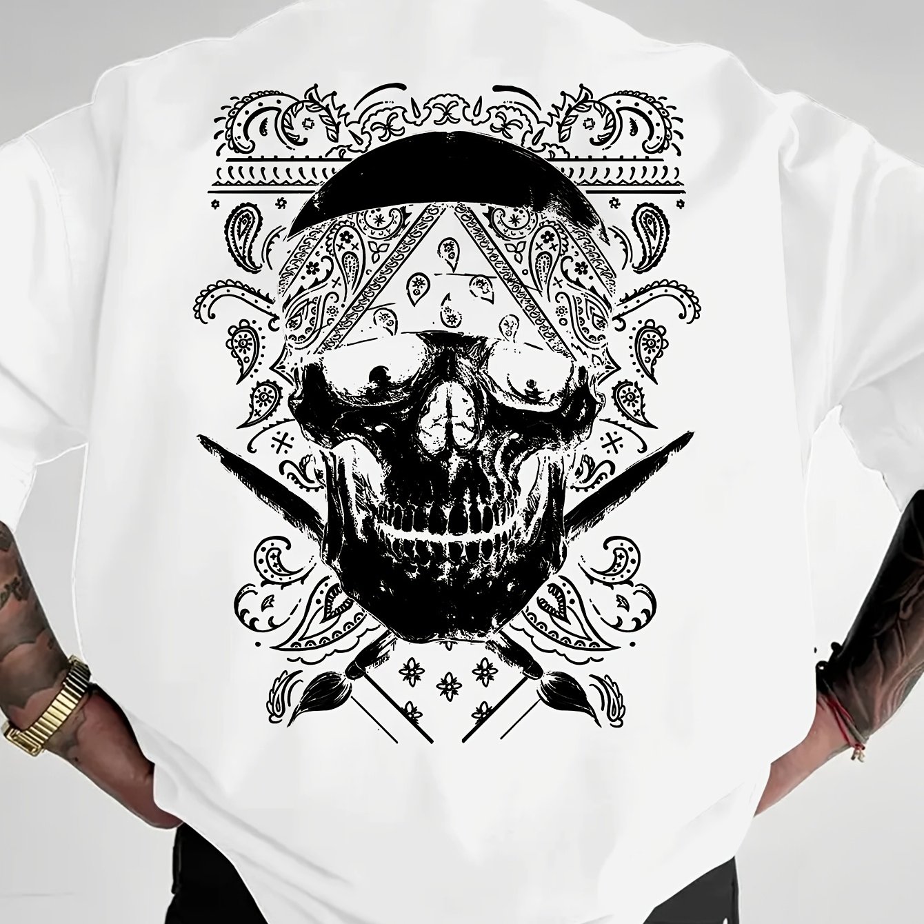 TEMU Paisley Skull Print T-shirt, Men's Crew Neck T-shirt, Loose Fit T-shirt, Drop Shoulder Crew Neck T-shirt, Men's T-shirt, Short Sleeve T-shirt