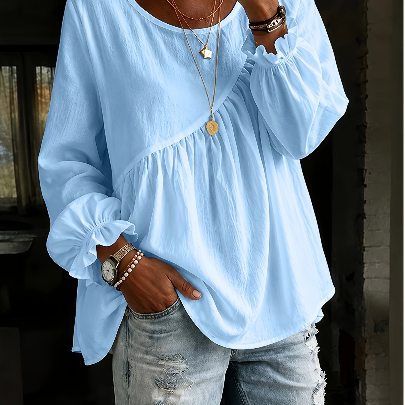 TEMU Plus Size, Options Available, A Stunningly Elegant Fitted Round-neck Long-sleeve Solid-color Versatile Plus-size Women's Shirt