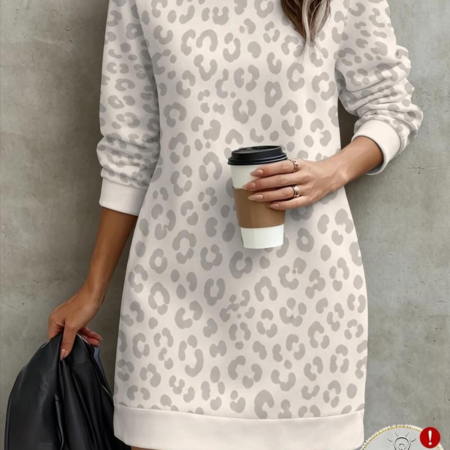 TEMU Women's Fashion Autumn Neck Long Sleeve Sweatshirt, Relaxed Gray Leopard Casual Sports Sweatshirt, Match Jogger Pants For Vacation Holiday Date