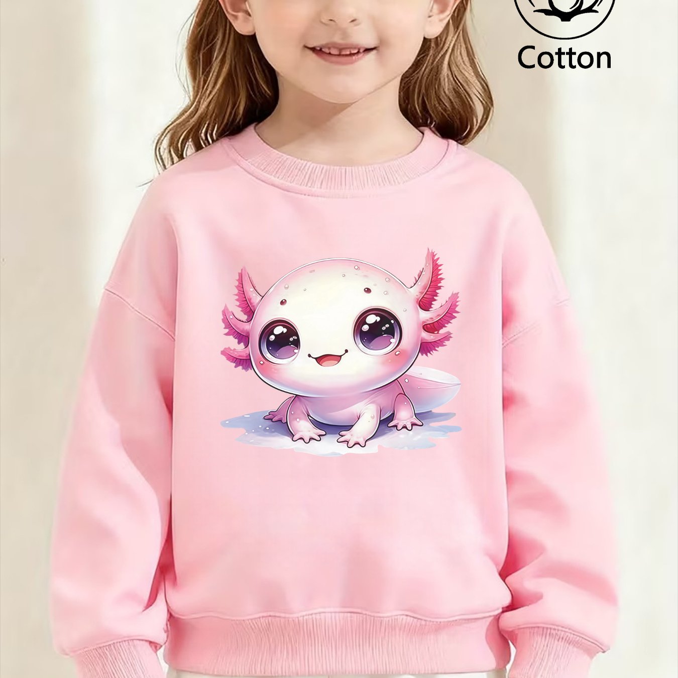 Image of New Winter/spring Arrivals, Girls' Round Neck Long Sleeve Sweatshirt, Printed With Axolotl, Soft And Comfortable For Daily Wear /summer, Basic Pullover Hoodie