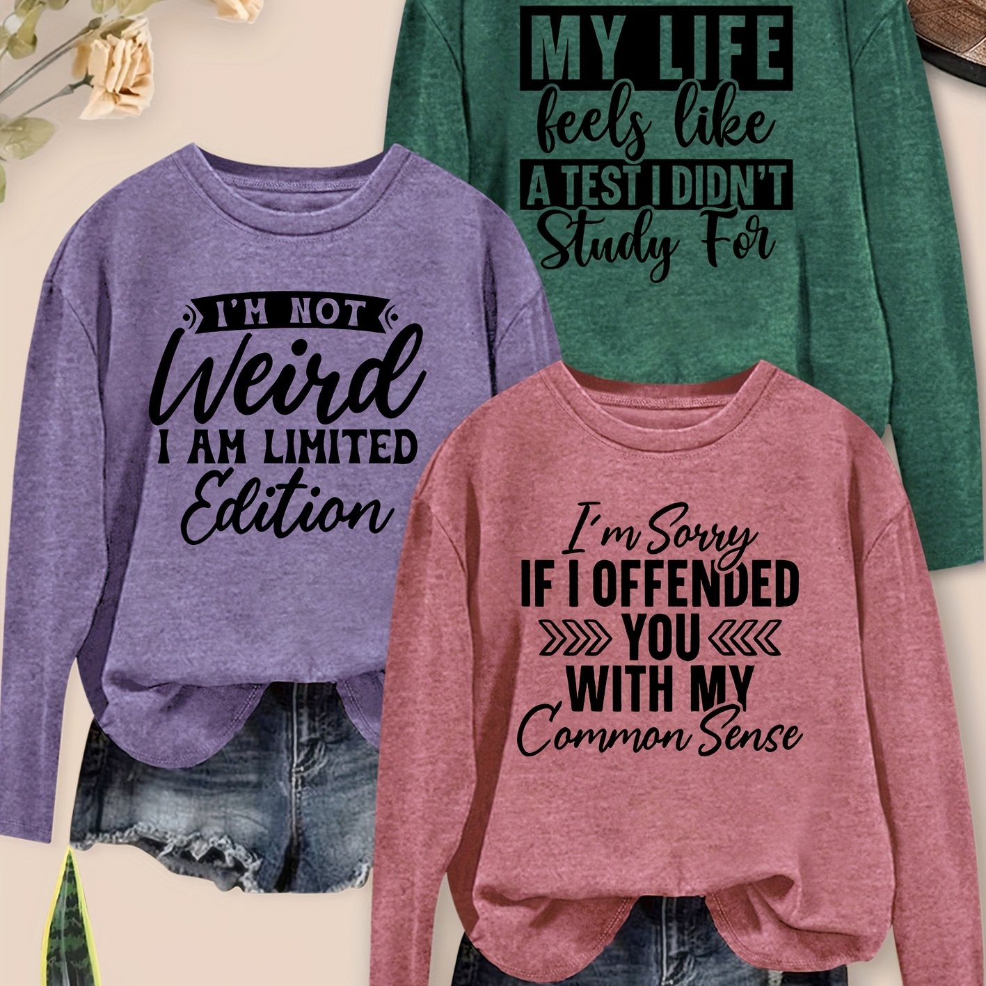 TEMU 3pcs Fashion Trendy English Letter Print Round Neck Elegant Women's Long Sleeve T-shirts, For Spring Summer Autumn Winter Commuting Daily Wear,