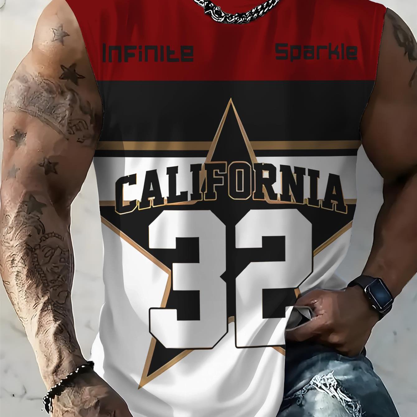TEMU Men's Casual Vest, Red And White Sleeveless Top With California Print, Suitable For Summer Fitness And Bodybuilding Outfits, Trendy Streetwear