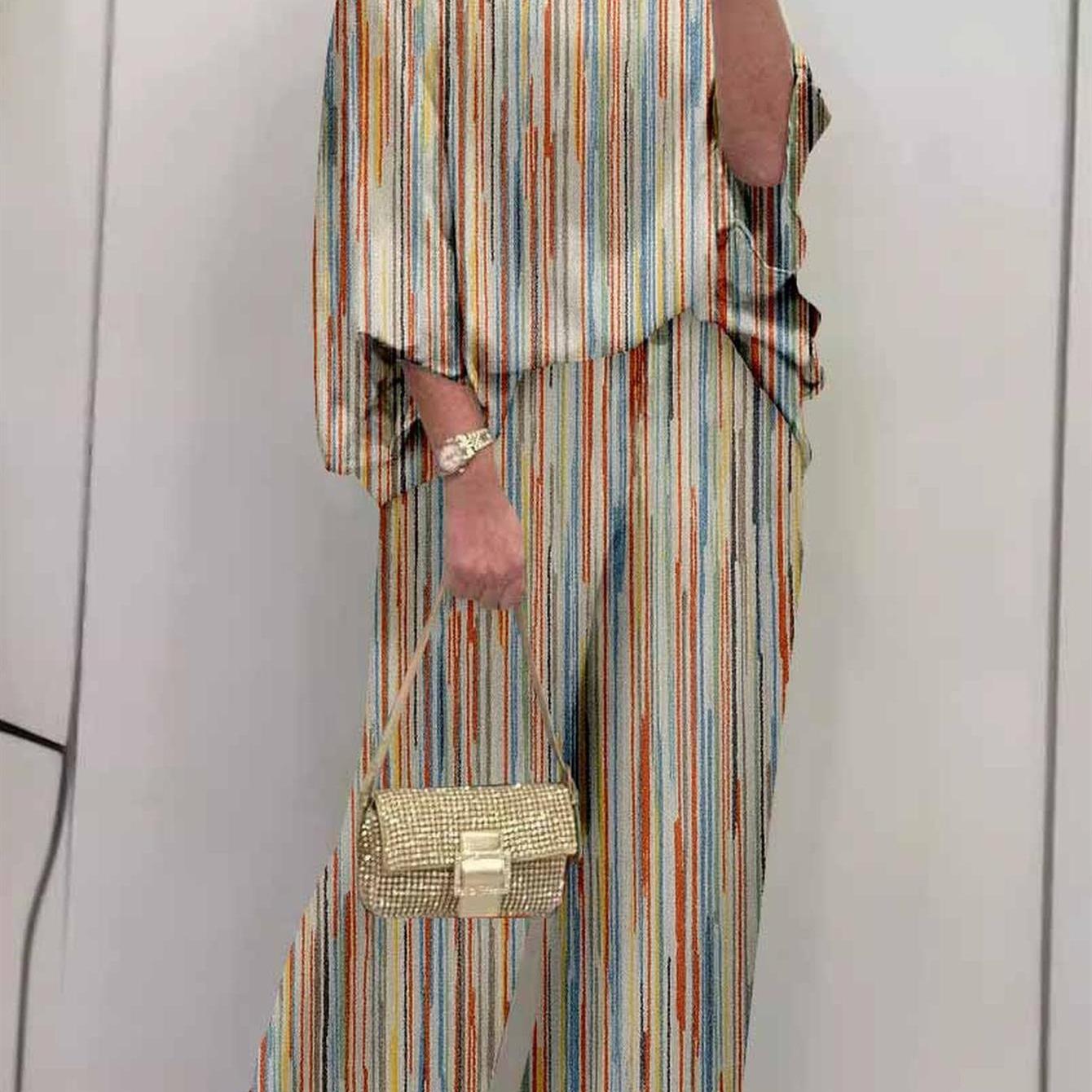 Image of Women's, New Arrivals For Spring, Summer, And Autumn - Urban Elegant Single-shoulder Loose Print Batwing Sleeve Long Pants Set A Casual And Loose-fit 2pcs Set, Suitable For Spring, And Autumn Wear
