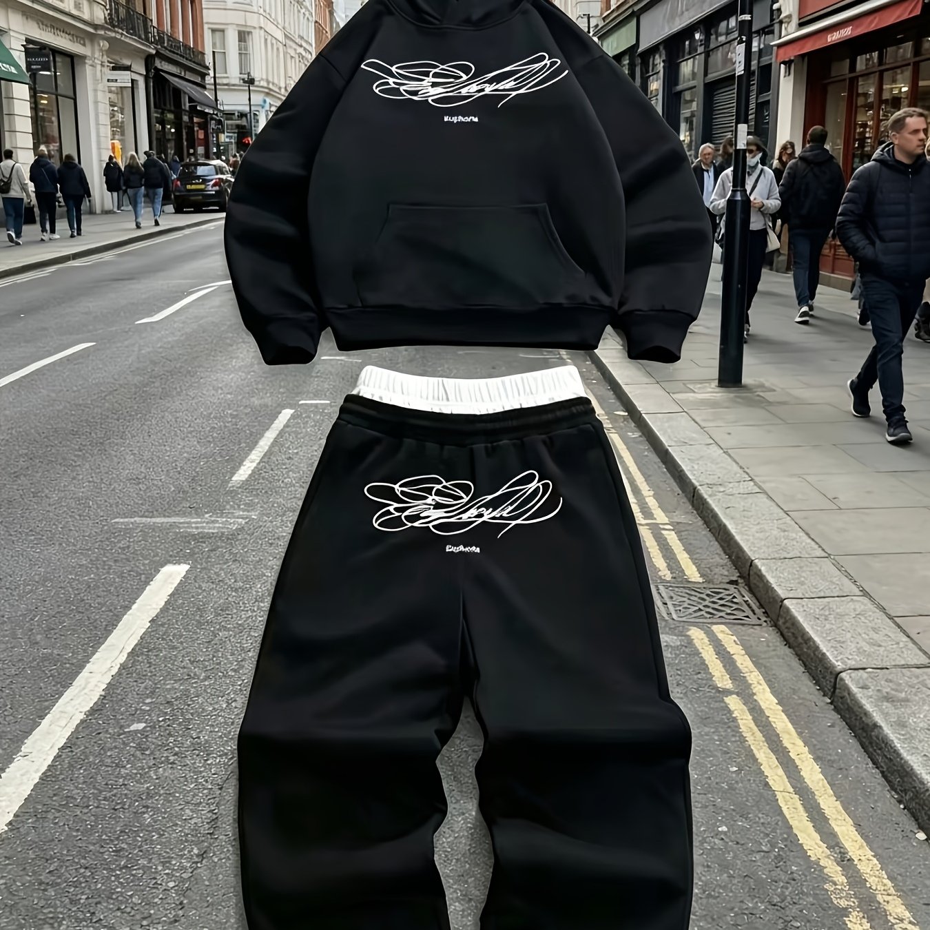 TEMU 2026 European And Cross-border New Hooded Sweatshirt With Double Waistband Design, Street Style Fashion Suit