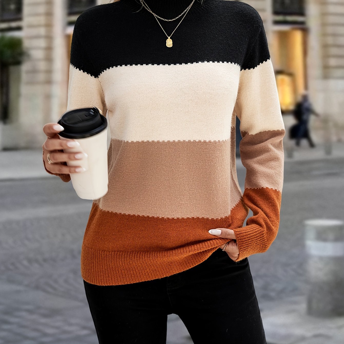 TEMU Color Mock Neck Sweater, Elegant Long Sleeve Sweater For Fall & Winter, Women's Clothing