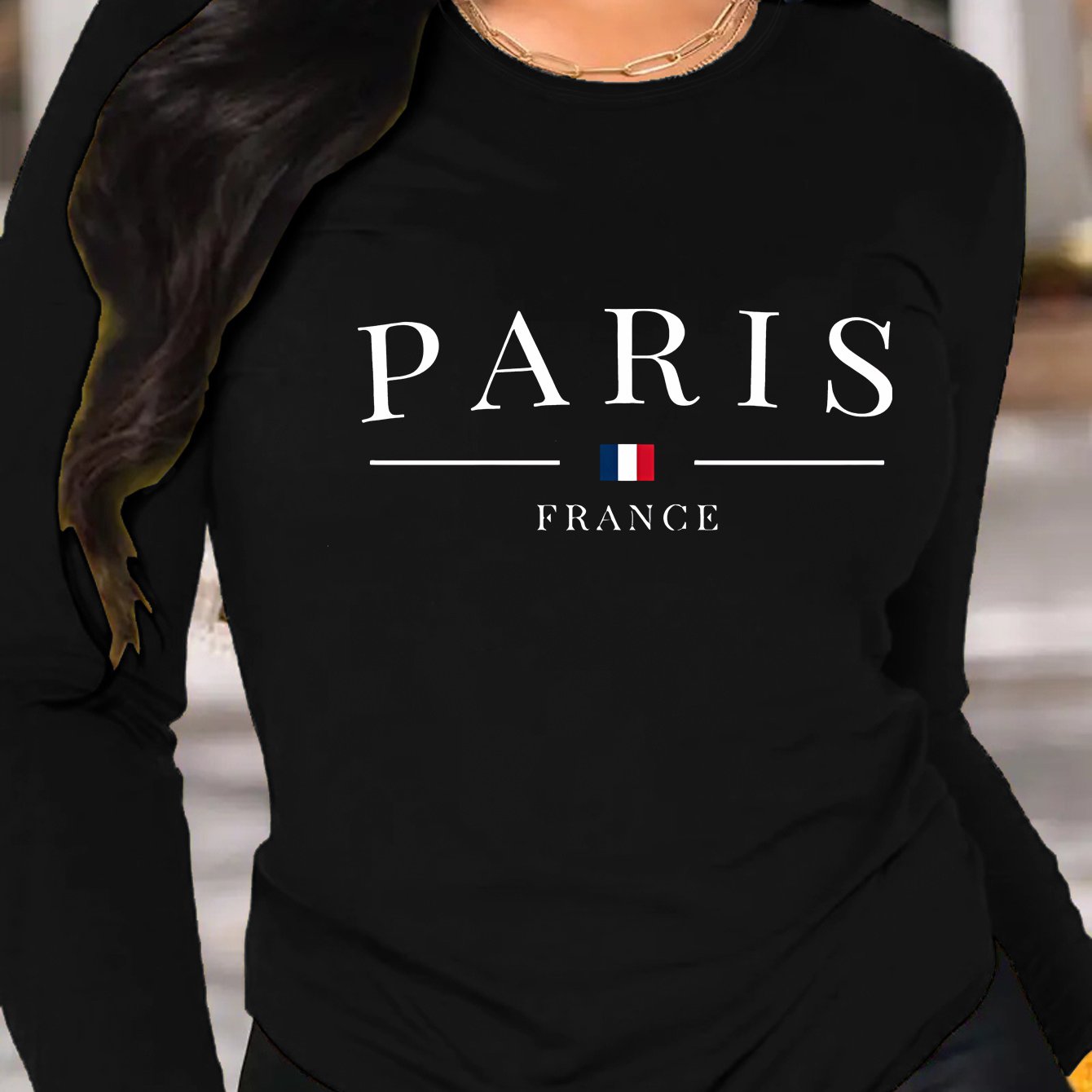 TEMU Casual Paris Alphabet Neck Long Sleeve T-shirt - Knit Fabric, 92% Polyester 8% Elastane, Regular Length, Spring/fall Women's Top