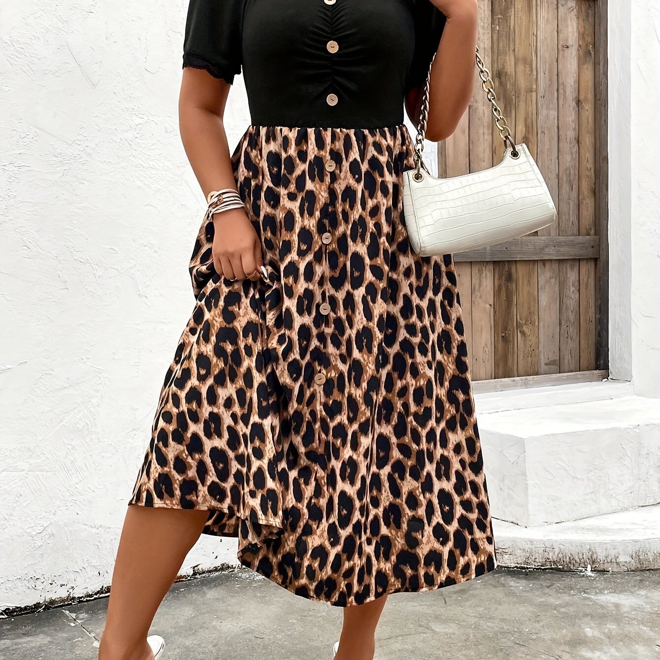 TEMU Plus Size Leopard Neck Midi Dress - Casual Elegant Fitted Machine Washable Spring/fall Women's Fashion With Buttons, Attire, No Stretch Fabric