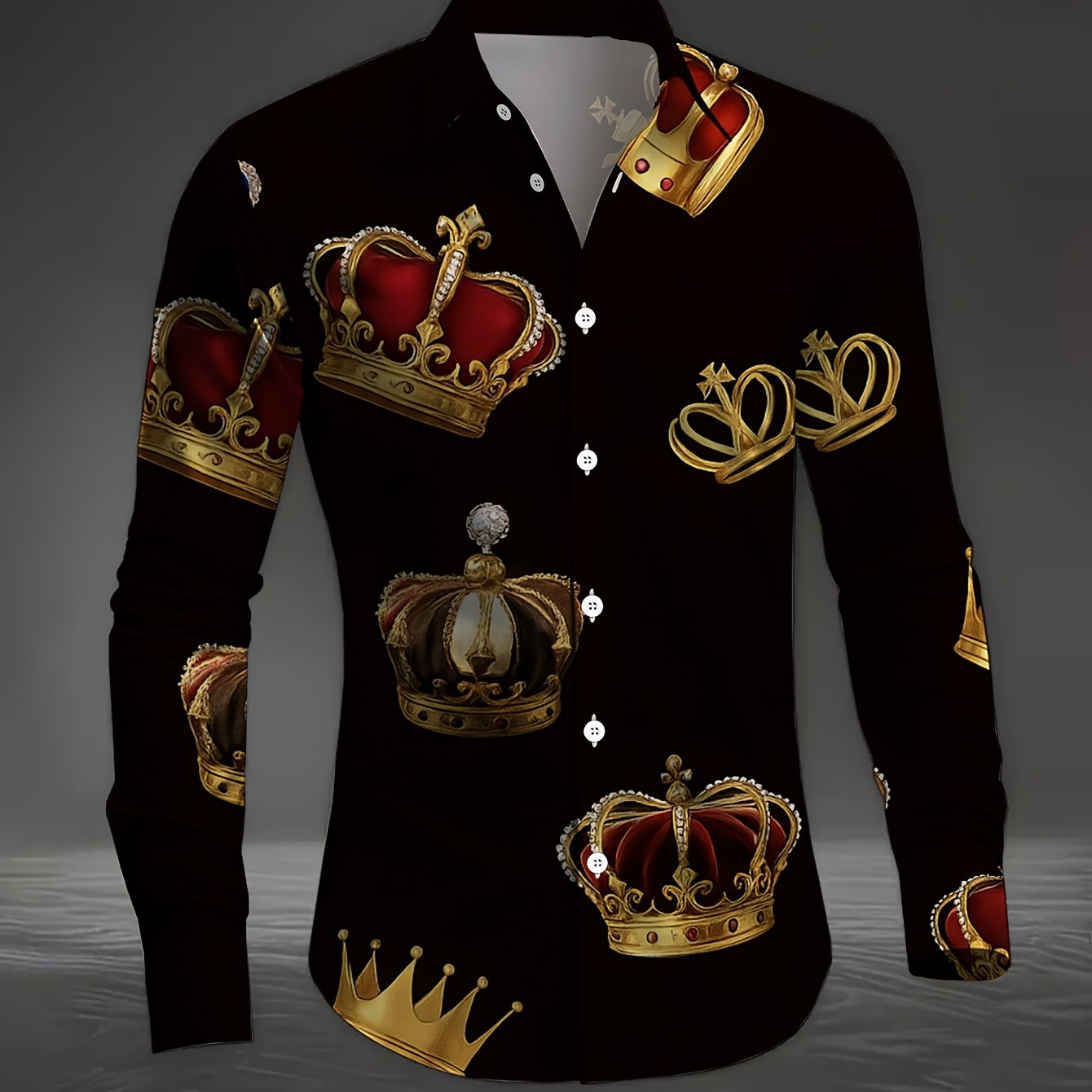 TEMU Men's Long-sleeve Print Shirt With A , Featuring A Black Background And Jewel Accents. This Stylish Casual Button- Shirt Is Perfect For Men,