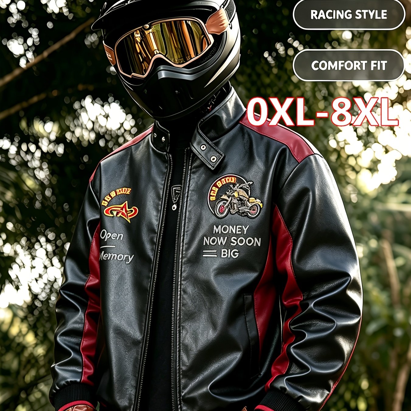 TEMU [] Plus Size Men's Embroidered Motorcycle Jacket, Spring Autumn Style Color-block Coat, Plus Size Riding Suit Collar Jacket Color-block Print