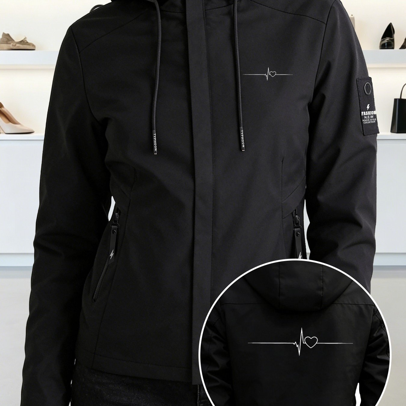 TEMU Heartbeat Line Love Gentle Wind Print Spring Autumn New Women's Jacket, Hooded Drawstring Lightweight Portable Outerwear, Fashionable Versatile