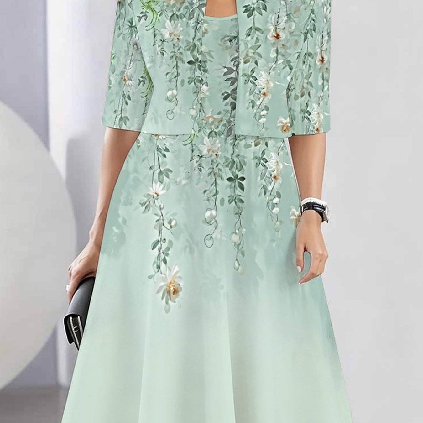 Image of Elegant & Chic Women's Everyday Set (short-sleeve Jacket + Round Neck Cami Dress)featuring An Geometric Floral Print, This Versatile Outfit Is Perfect For Daily Wear, Travel, Or Evening Dates