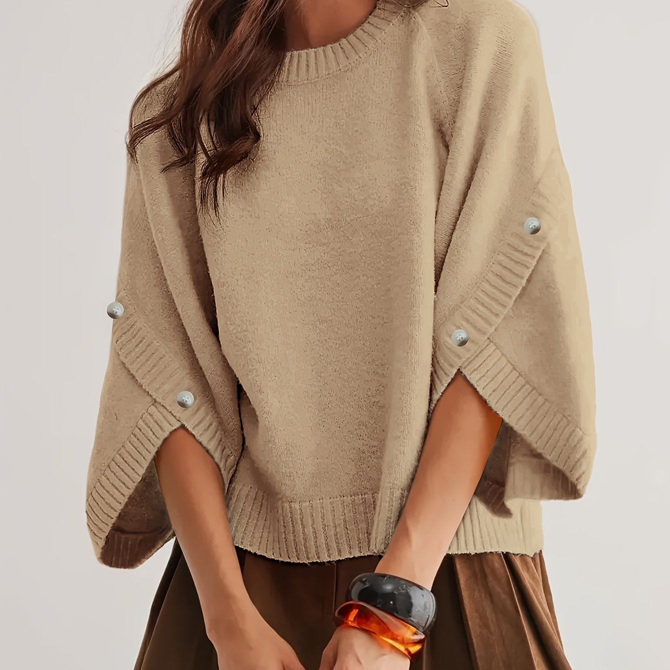 TEMU Women's Round Neck Batwing Sleeve Pullover Sweater, Autumn Casual Regular Soft Solid Short Length 3/4 Sleeve Top, Side Slit Button Detail Daily