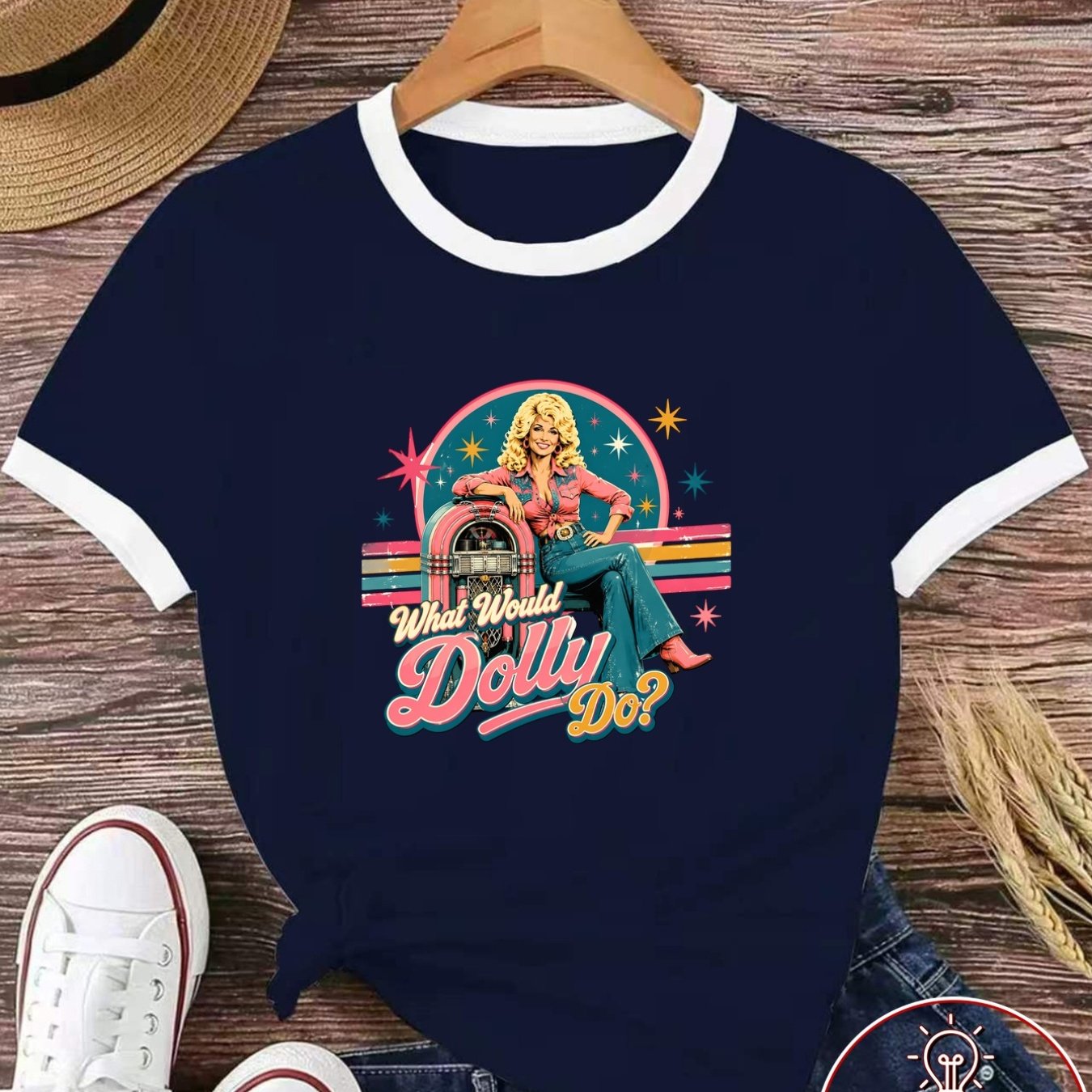 TEMU 1pc Women's Color-block Printed T-shirt, Vintage Style With Dolly Image And Text Graphic, Crew Neck Casual Top, Comfortable And Breathable,