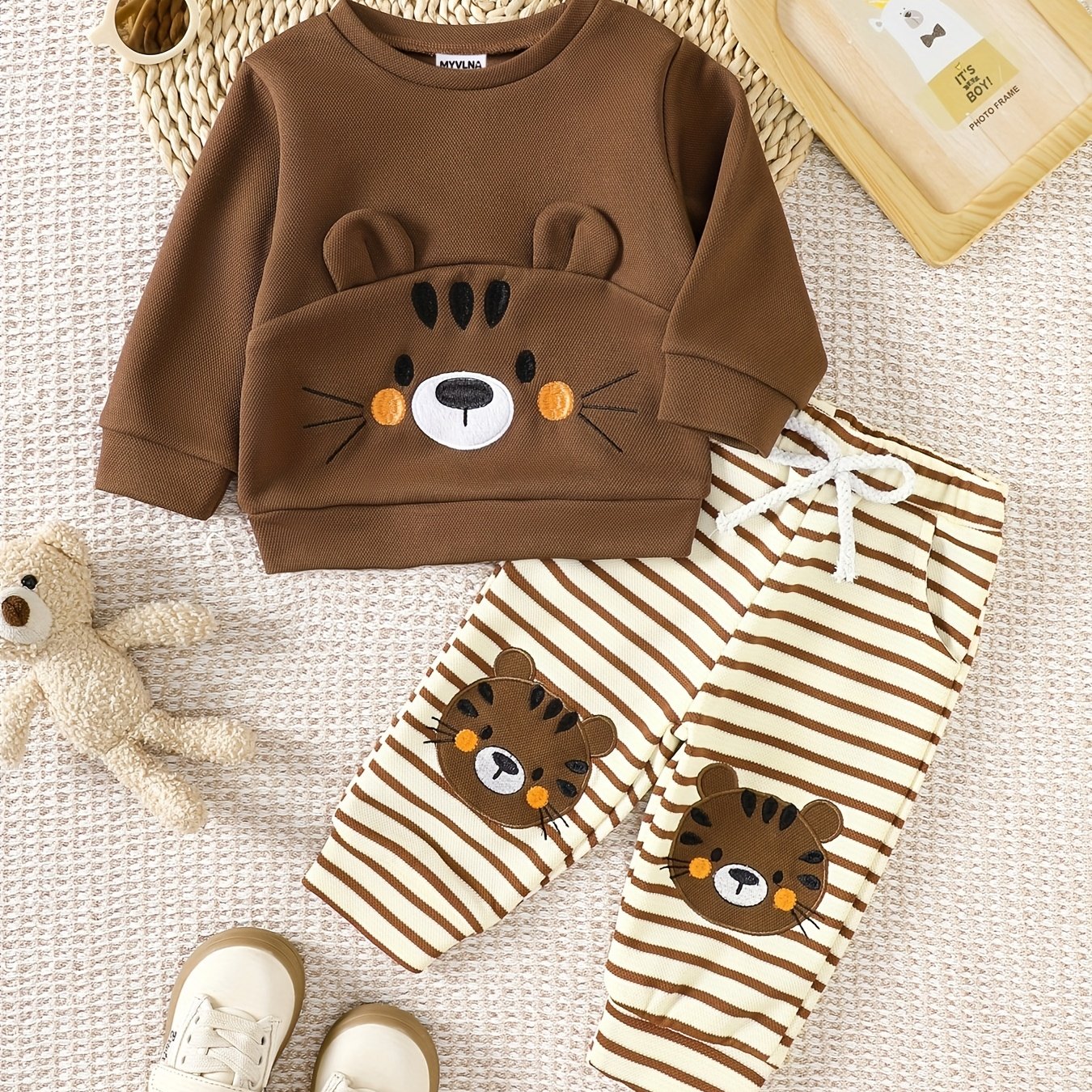 Toddler Sweatshirt And Striped Footless Pants 2pcs Set With 3d Ears, Drawstring Elastic Waist, Unisex Casual, For Outdoor