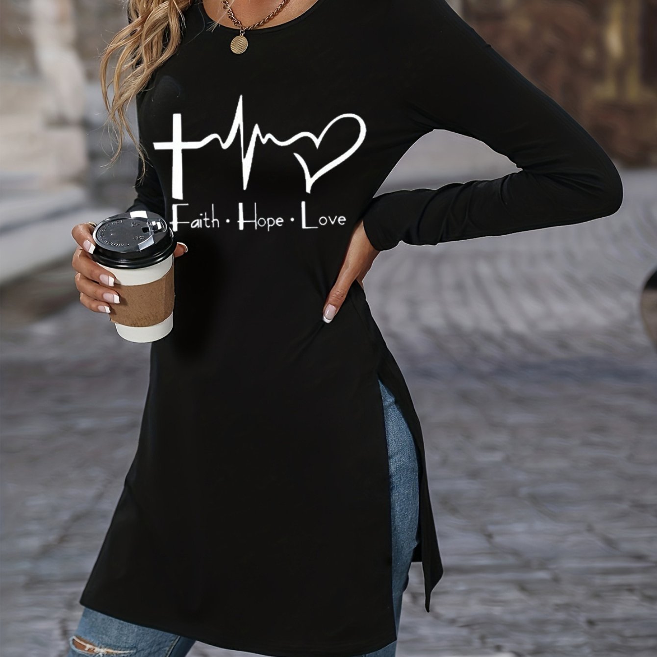 Image of 2024 Spring And Autumn European And American New Long-sleeved Slim Fit Printed Heart Pattern Split Women's Long Top