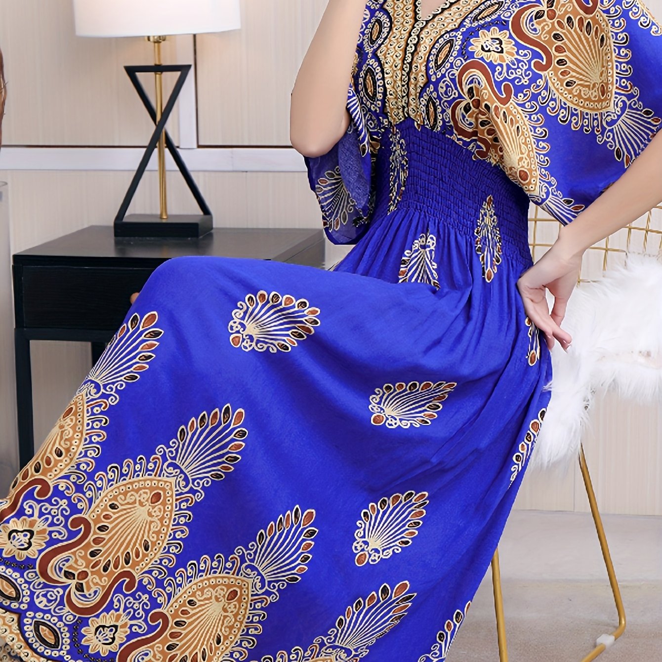 E-shop Sommerliches Etnik-Style Damen V-Ausschnitt Taillenband Kurzarm Langarmkleid, für lässige Urlaube am Strand - lockere, bequeme und