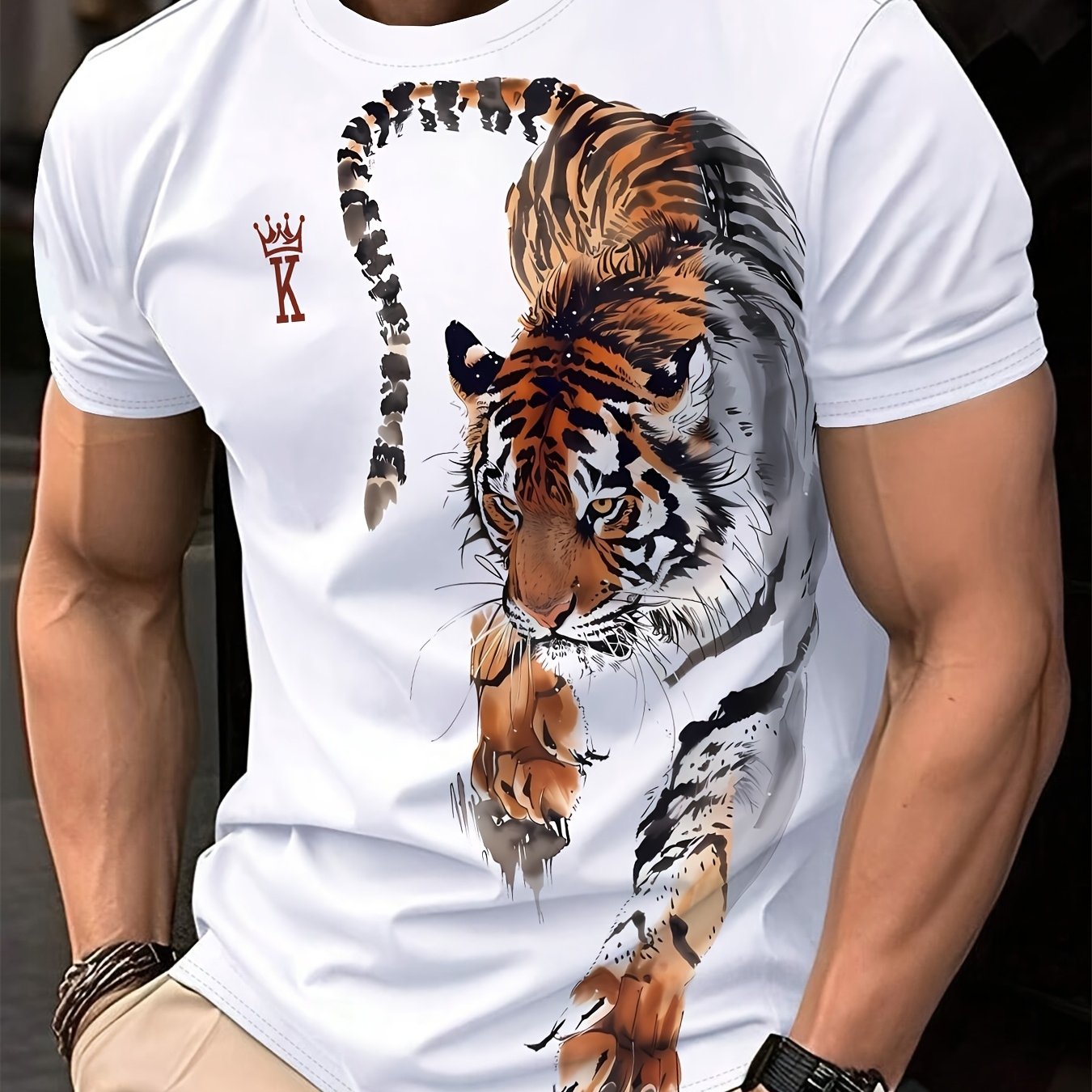 TEMU Men's T-shirt With Tiger Print - Breathable And Comfortable Short Sleeve Crew Neck - Style, Machine Washable Summer Short Sleeve Tee,