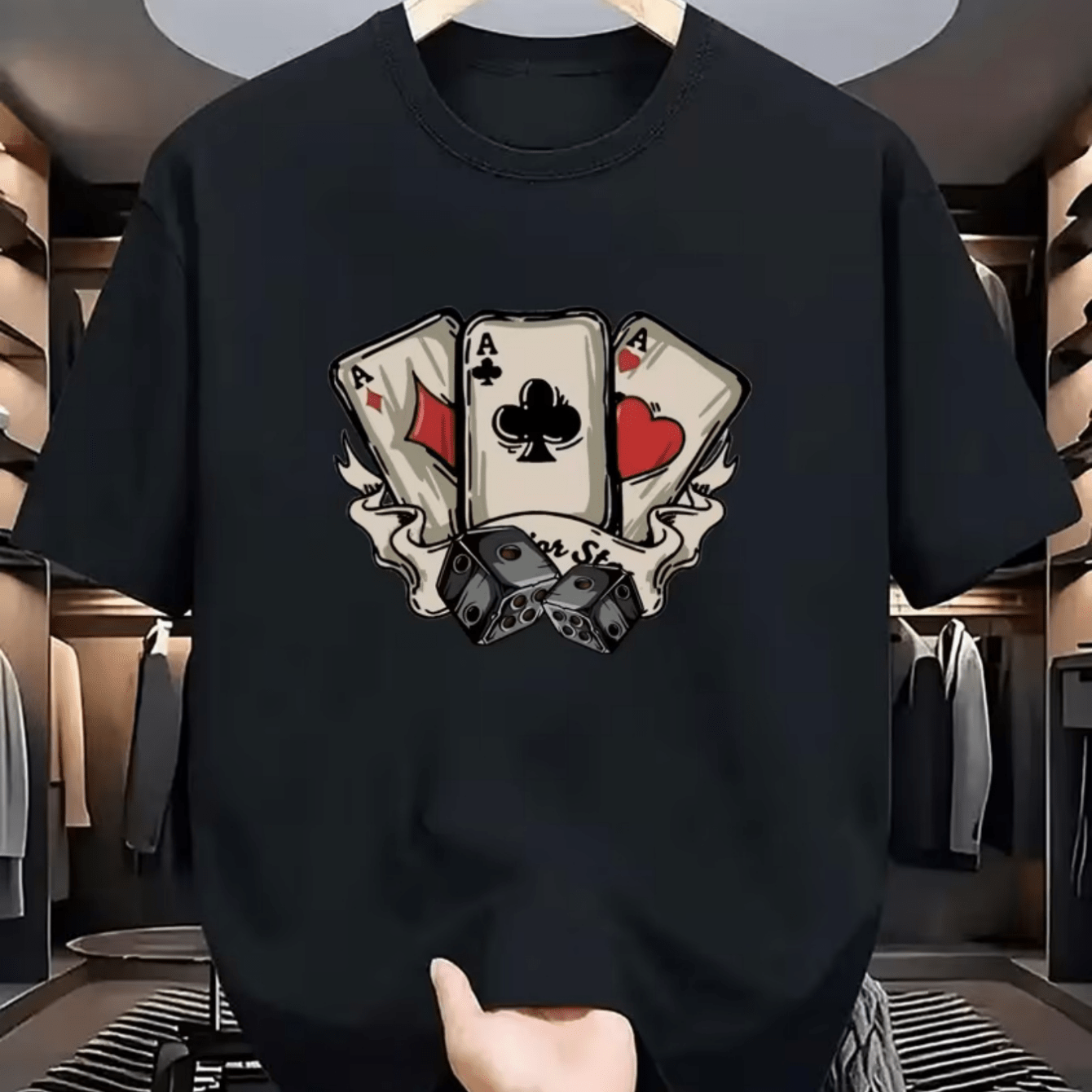 TEMU T-shirt à imprimé style tatouage vintage Poker A Dice, haut de couche de base ample et polyvalent, décontracté et streetwear