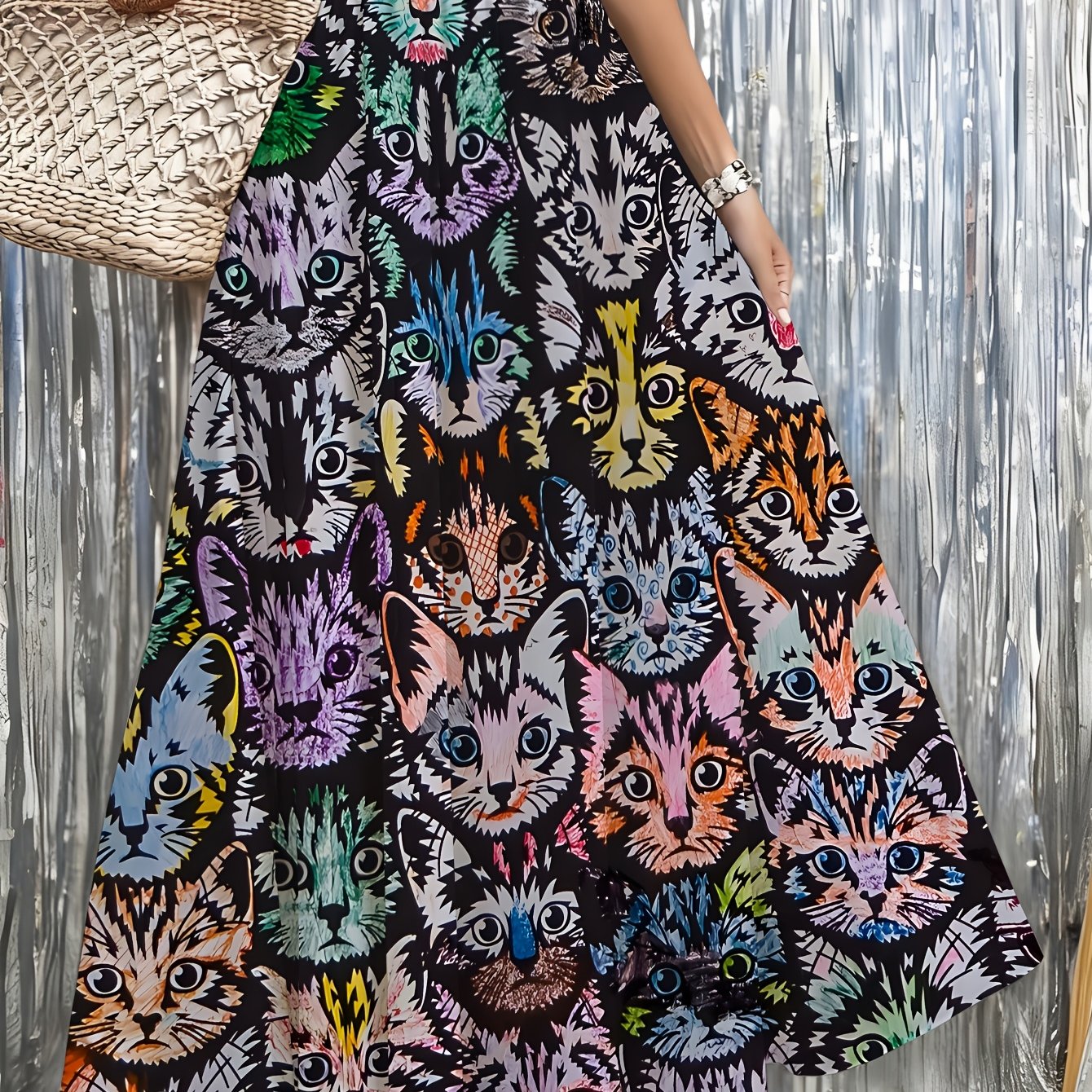 TEMU Women's Skirt With Pockets Featuring Colorful Cartoon Cat Faces, Suitable For Beach, Casual , Parties, And Festivals, Trendy And Lightweight,