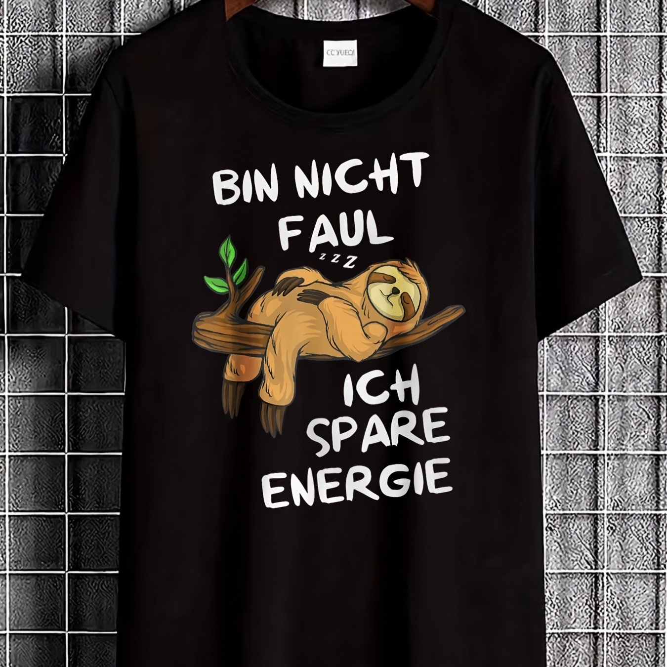 Image of Plus Size Black T Shirt With Sloth And German Text I'not Lazy I' Energy Casual Wear, Plus Size