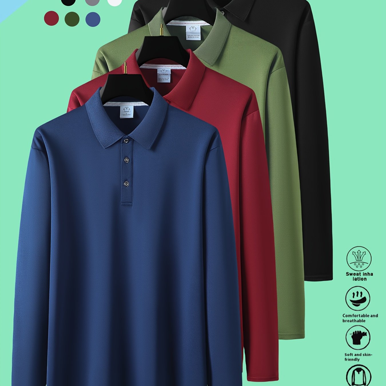TEMU Ensemble de 4 polos à manches longues pour hommes, printemps et automne, col uni, carreaux clairs multicolores, haut de sport décontracté pour