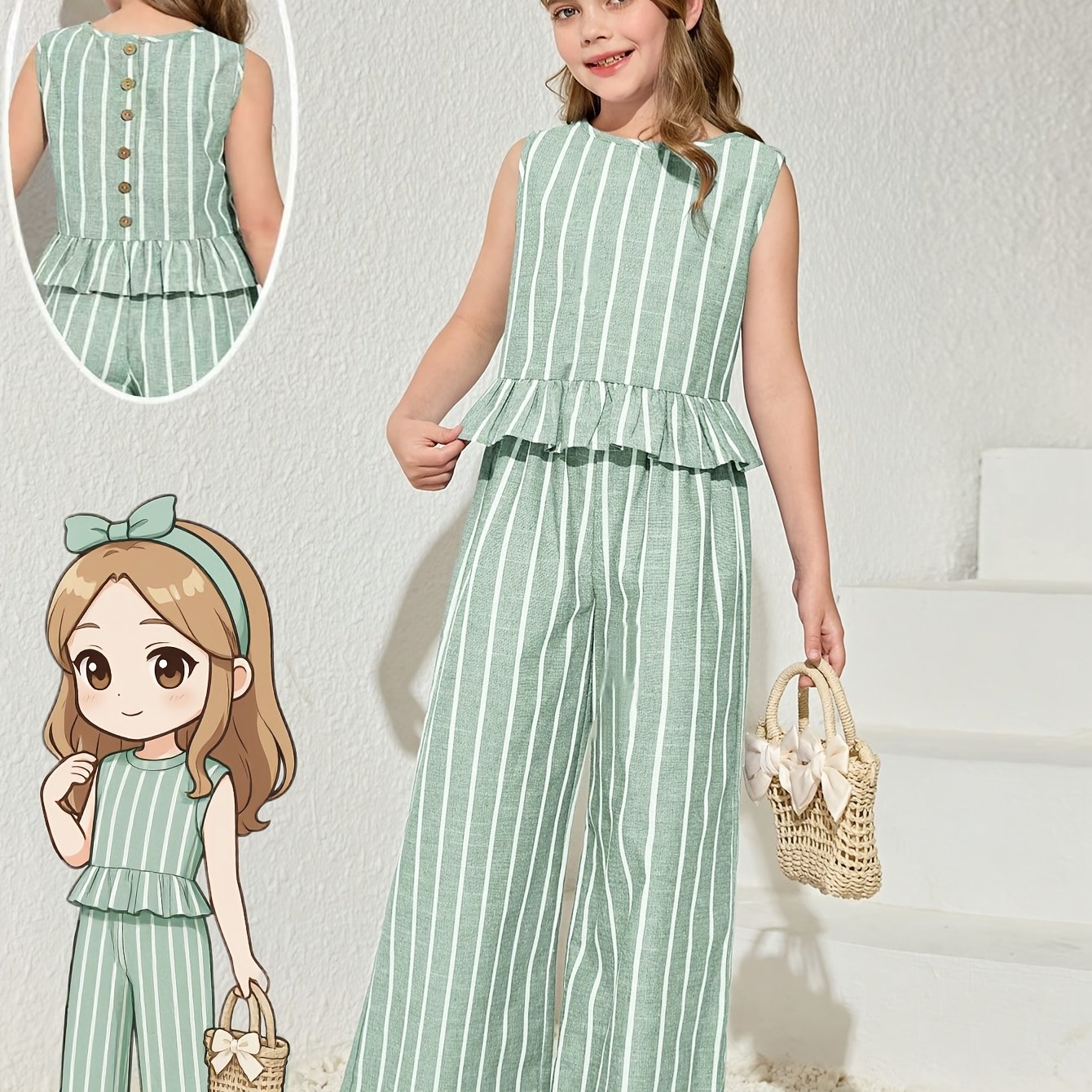 Girls' Novelty Outfit Set, Vacation Casual Striped Sleeveless Top And Straight Pants 2pcs Set, Suitable For Summer Casual, For Outdoor