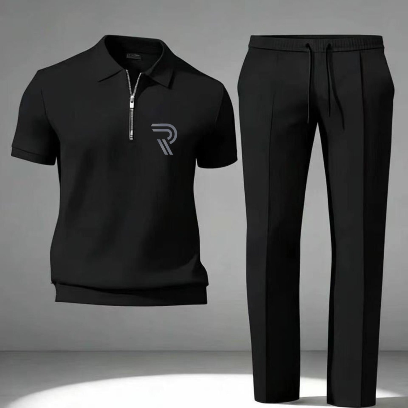 Image of Men's Black 2pcs Set: Lightweight Comfortable Outfit For Restaurant, Office Or Lounge Use Stylish Zip-neck Top With Drawstring Pants