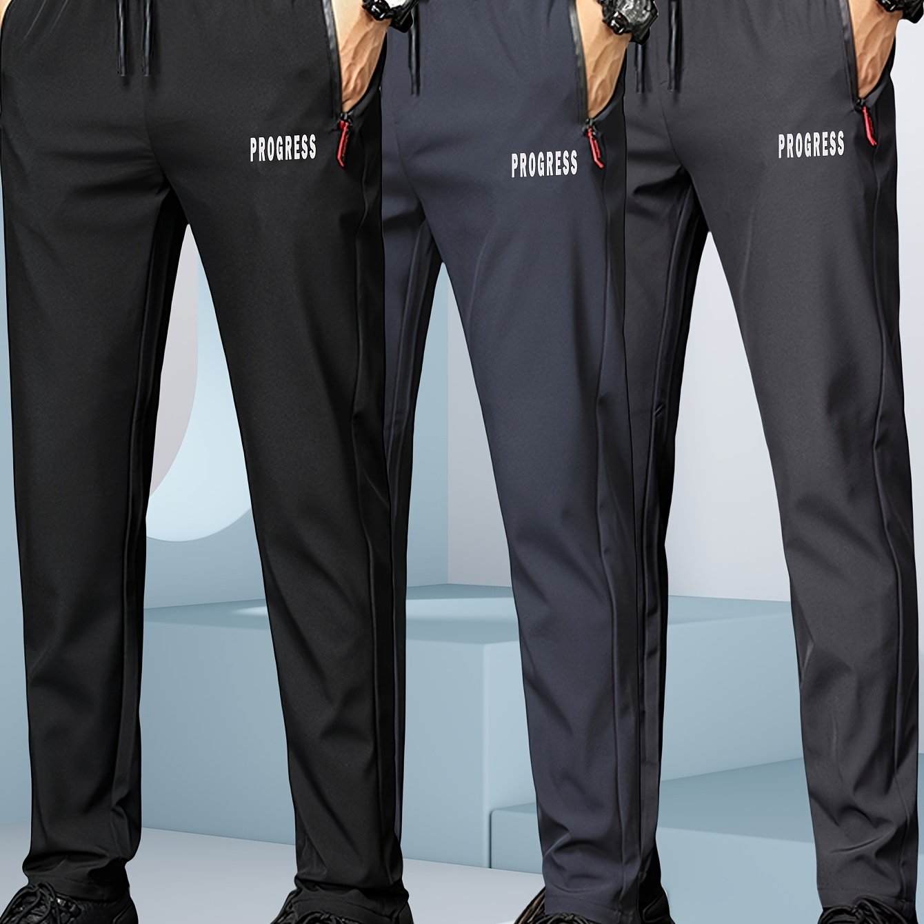 Image of 3pcs Men's Casual Solid Color Joggers With Zipper Pockets - Drawstring, Polyester Athletic Sweatpants, Ideal For Summer Outdoor Activities & Gift Wear, Casual Joggers|drawstring Pants|smooth Texture