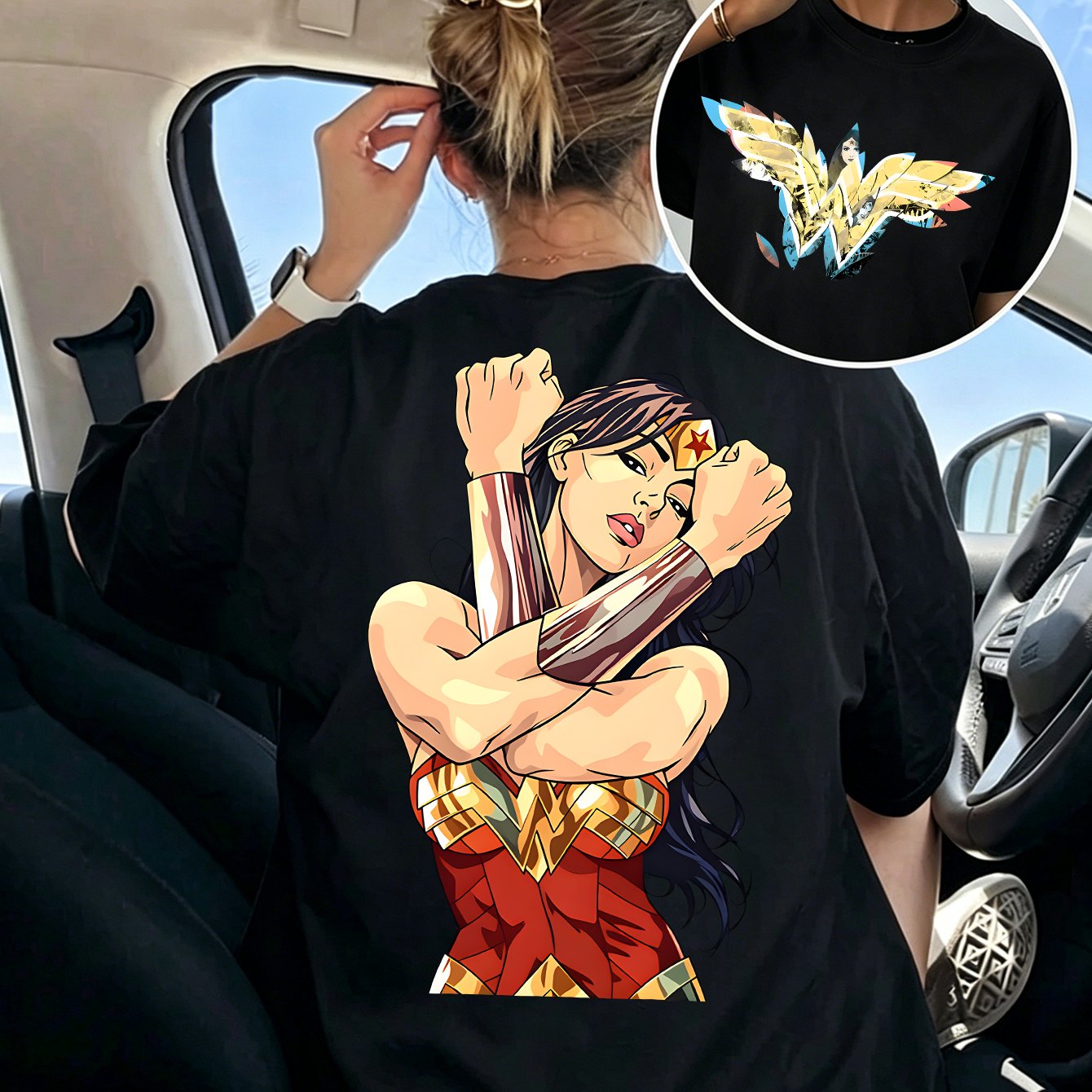 TEMU Wonder Woman Chest Print, Wonder Woman Back Print, Double-sided Print Design Loose Fit Retro Animation Fresh Casual Wear, Bound Neck Ribbed