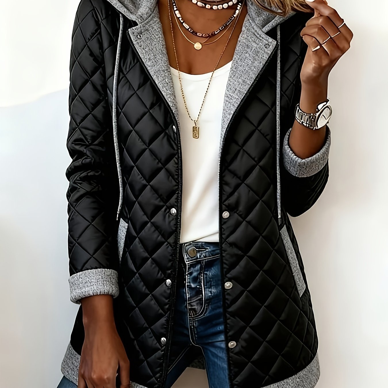 TEMU Women's Fashion Casual Hooded Diamond Check Women's Puffer Jacket