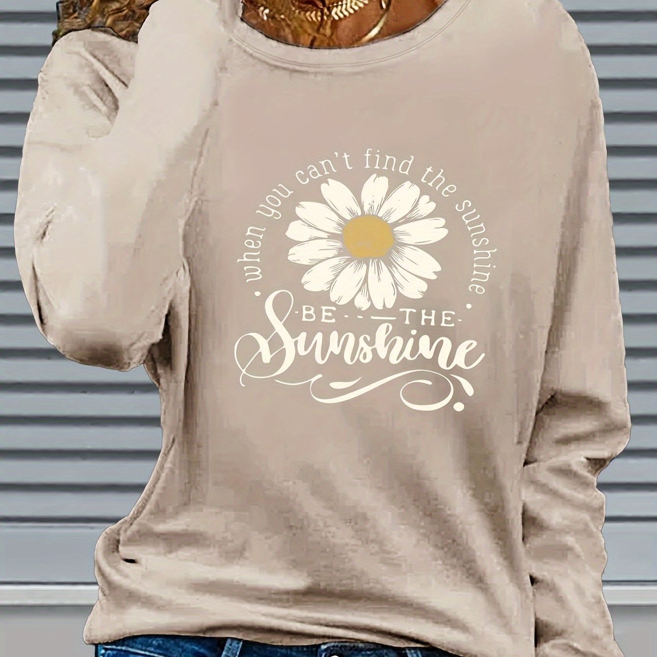 TEMU Letter Print T-shirt, Long Sleeve Crew Neck Casual Top For Spring & Fall, Women's Clothing