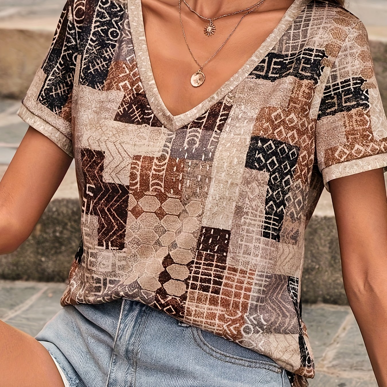 Printed V-neck T-shirt For Women