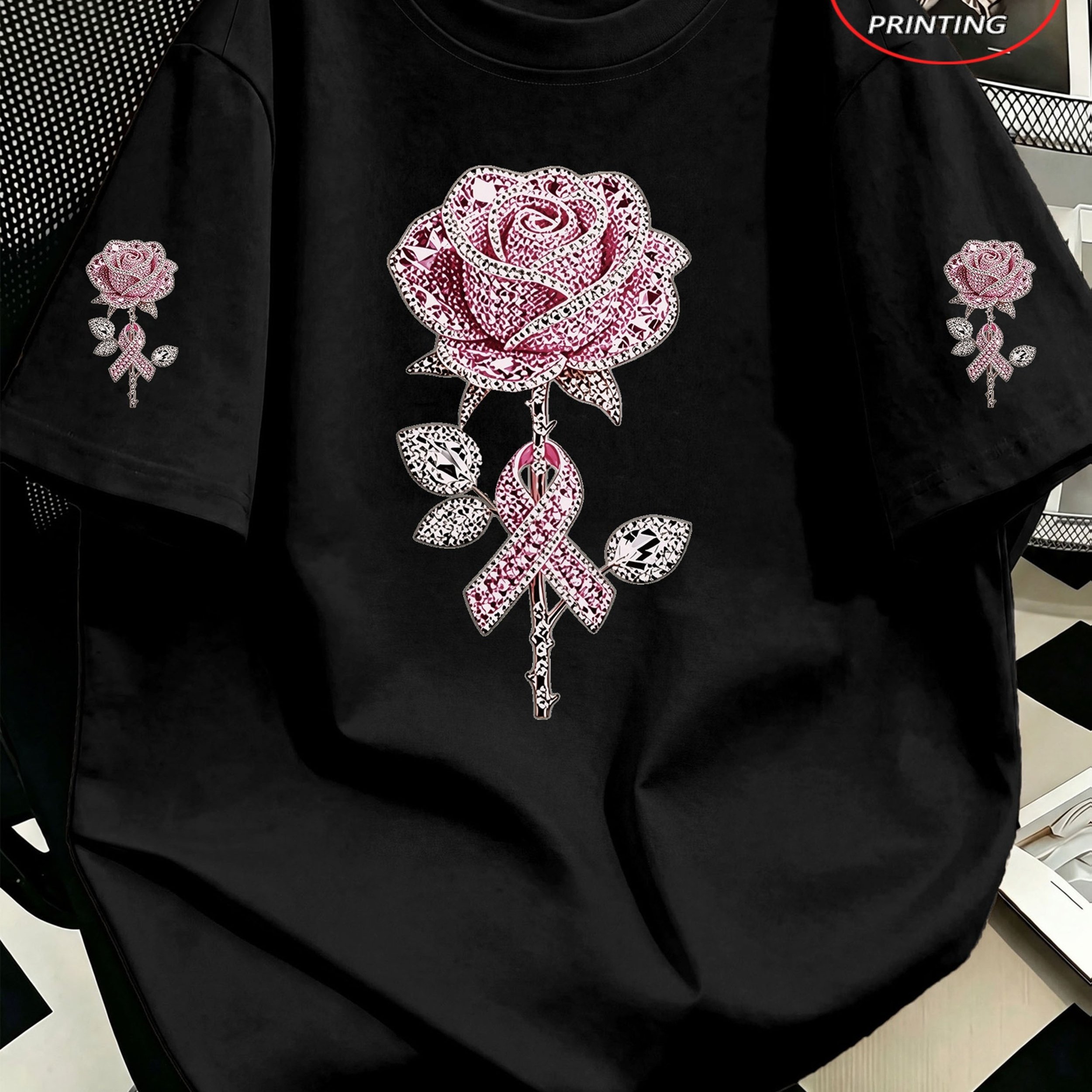 TEMU Plus Size, Plus-size Women's Crystal Rose Print T-shirt - Short Sleeve Round Neck Suitable For Summer Beach Outfits, Spring Wear & Mother's Day