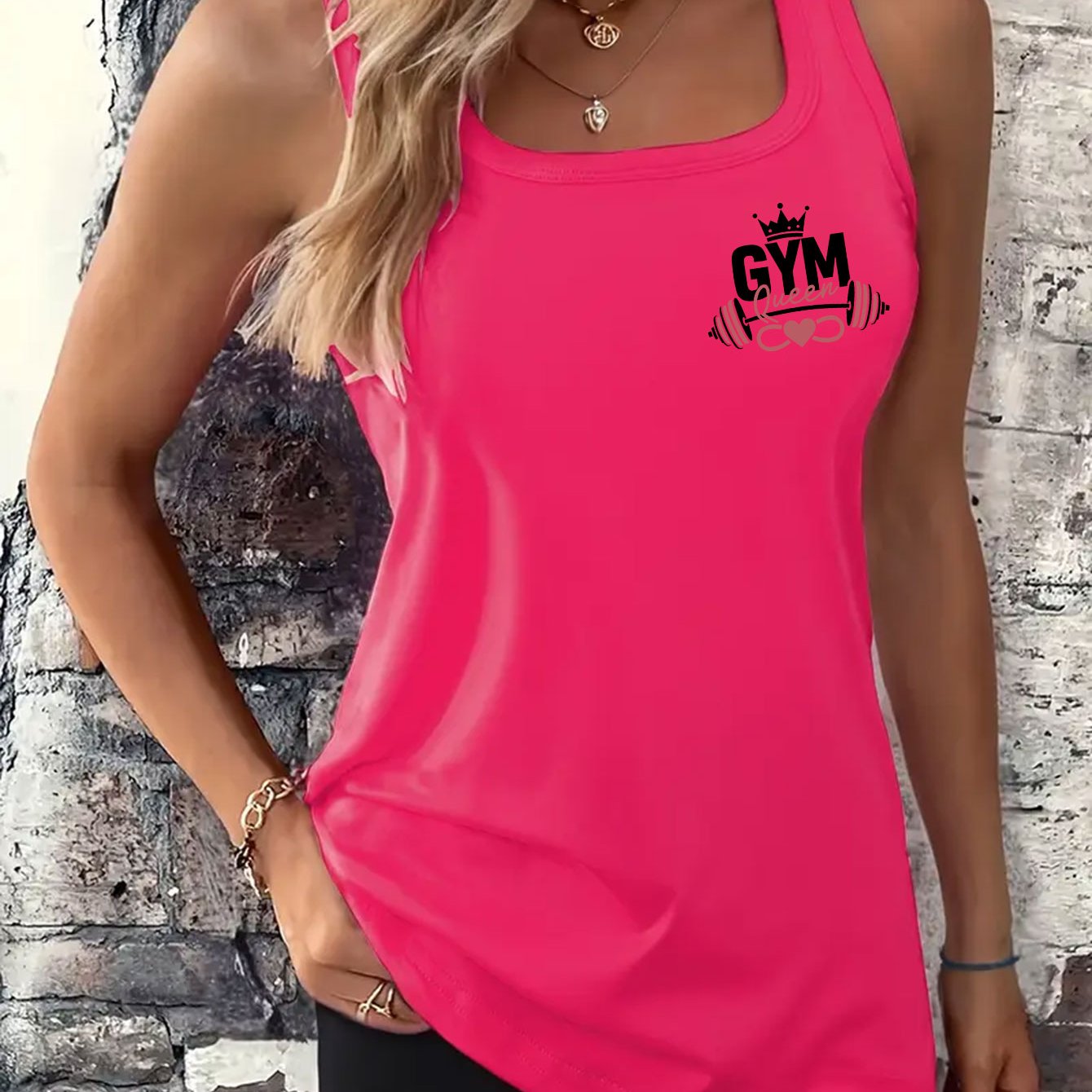 TEMU Chaleco deportivo sin para mujer, 1 , casual y de moda, con estampado de eslogan "Fashion GYM Queen" con diseño de corona, mancuerna y - un