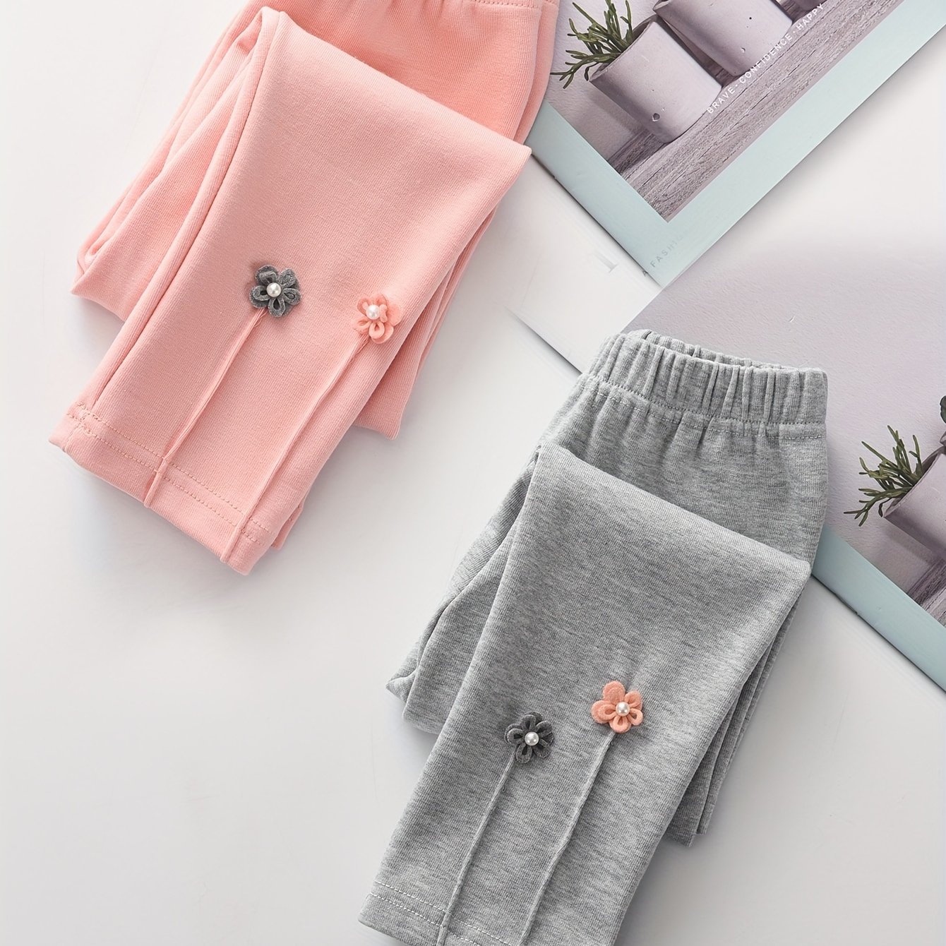 Image of (ankle Pants) 2-pc Spring/autumn New ' Leggings, Middle/small Child'-dimensional Flower And Pearl Embellished Design, Cute Thin Pants