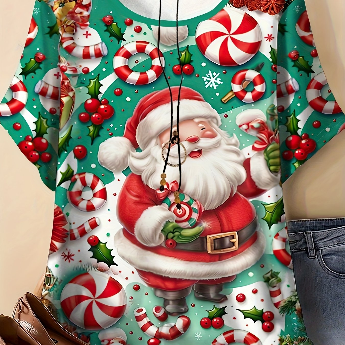 TEMU Plus Size, Oversized Women's Elegant Double Sided Printed T-shirt - Holiday Santa Claus And Candy And Holly Pattern, Round Neck Short Sleeve