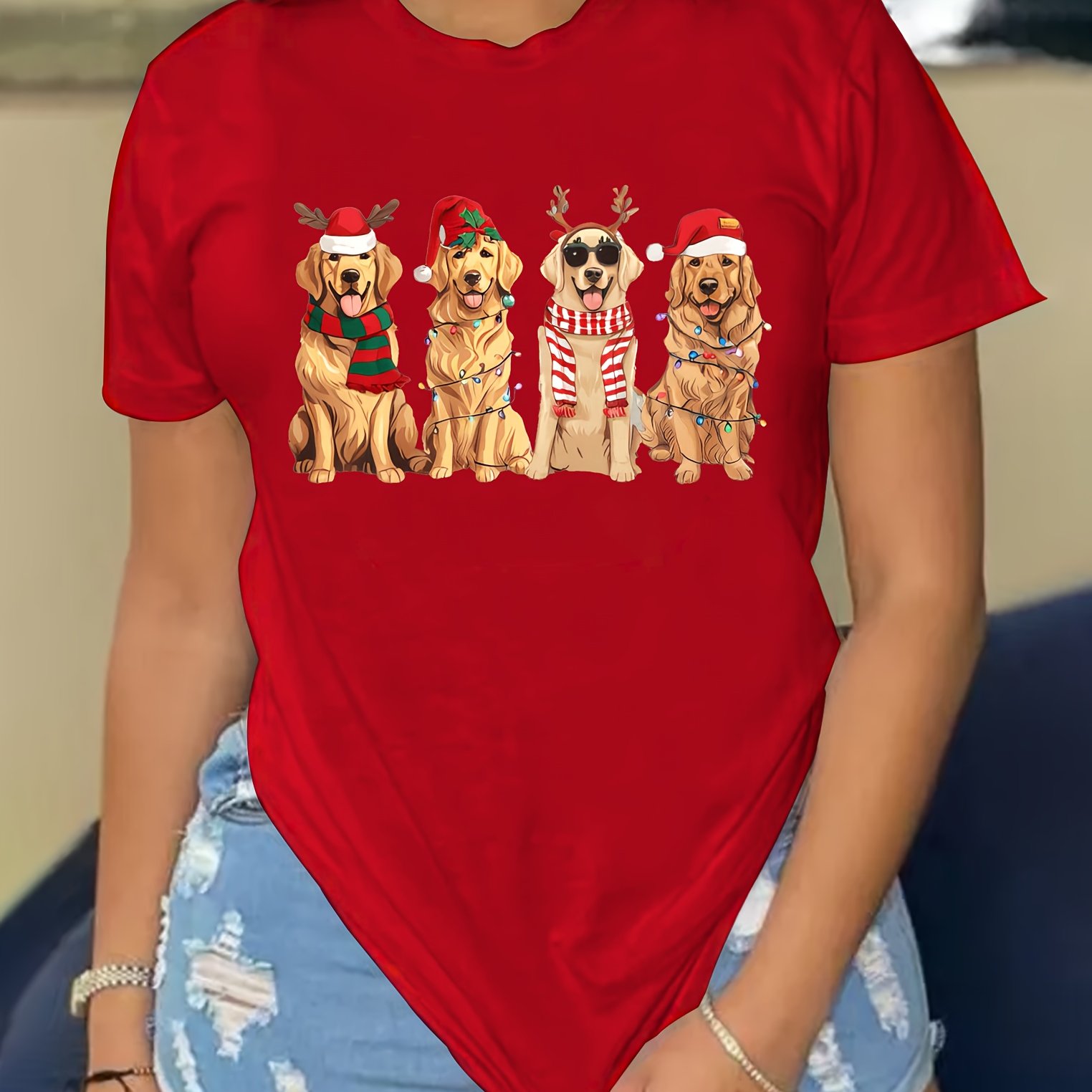 TEMU Christmas Theme, Print T-shirt, Short Sleeve Crew Neck Casual Top For Summer & Spring, Women's Clothing