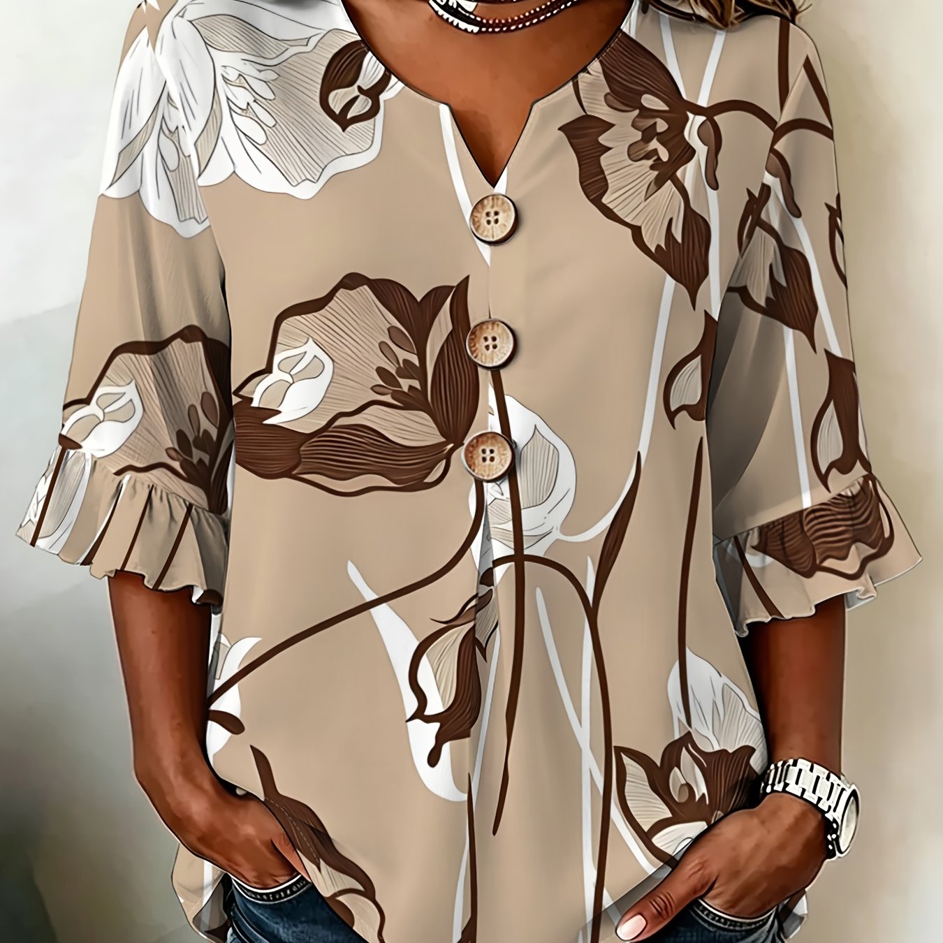 TEMU Plus Size, European And Plus-size Women's Ruffle Sleeve Shirt, Elegant Beige Floral Pattern, Suitable For Daily Wear And Work, Exquisite