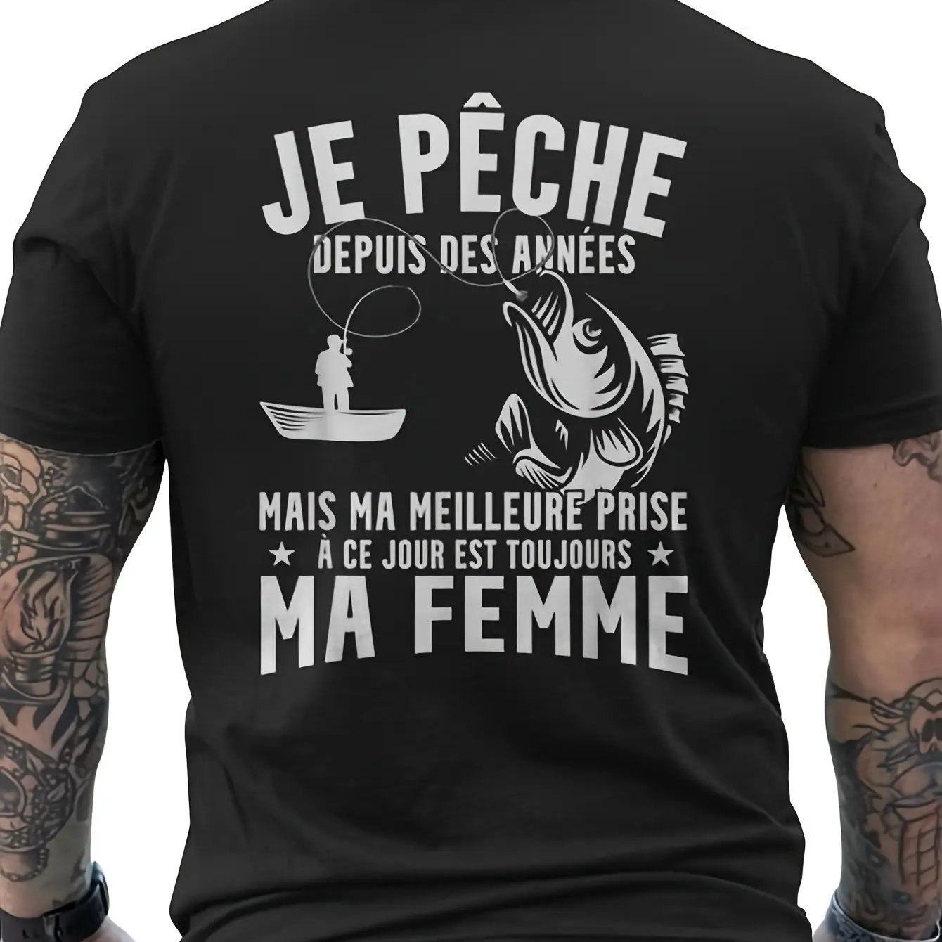 TEMU T-shirt de pêche amusant pour hommes - T-shirt noir à col rond avec impression sur le dos du de pêche français "Je Peche Depuis Que D'Anciens