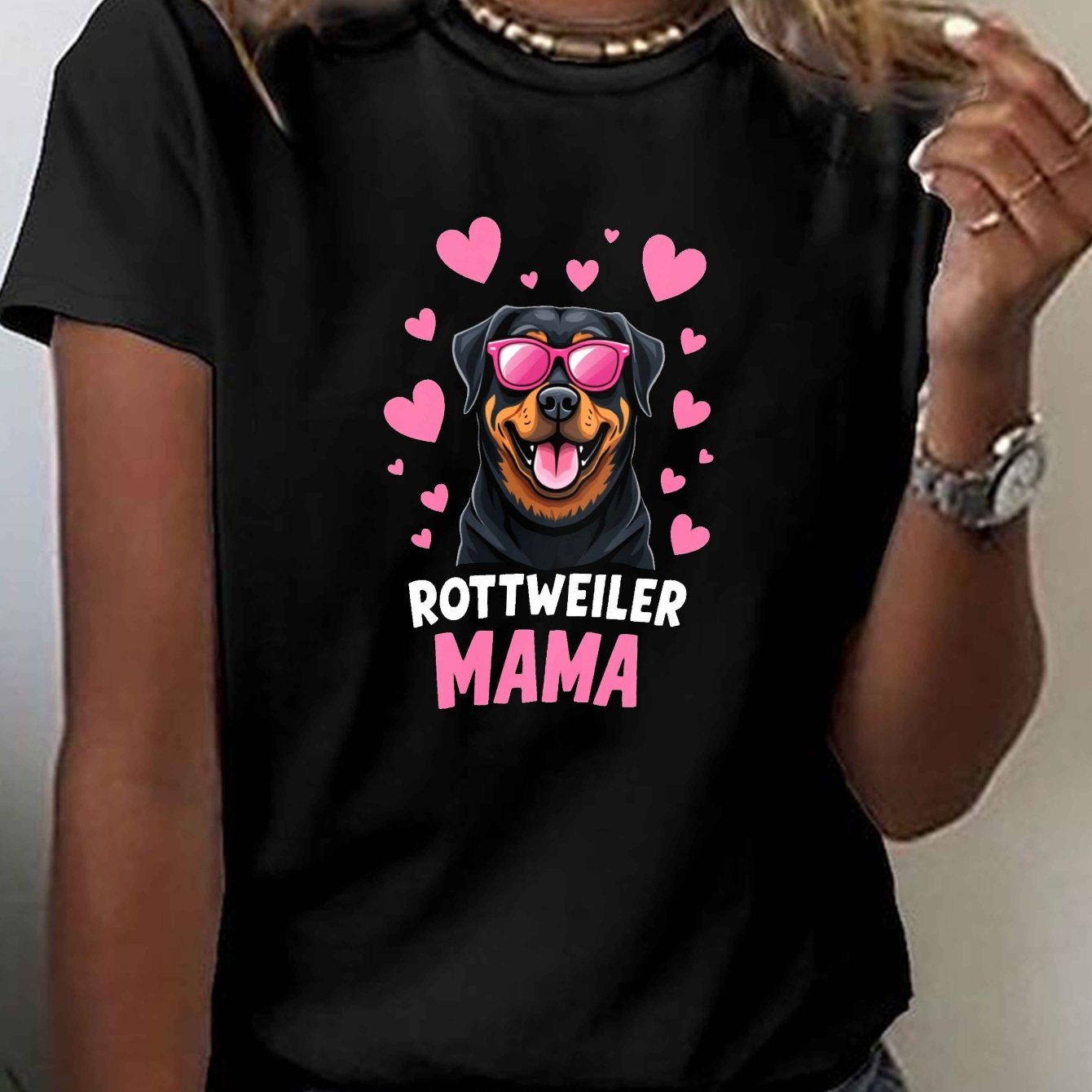 TEMU Rottweiler Mama Print T-shirt, Short Sleeve Crew Neck Casual Top For Summer & Spring, Women's Clothing