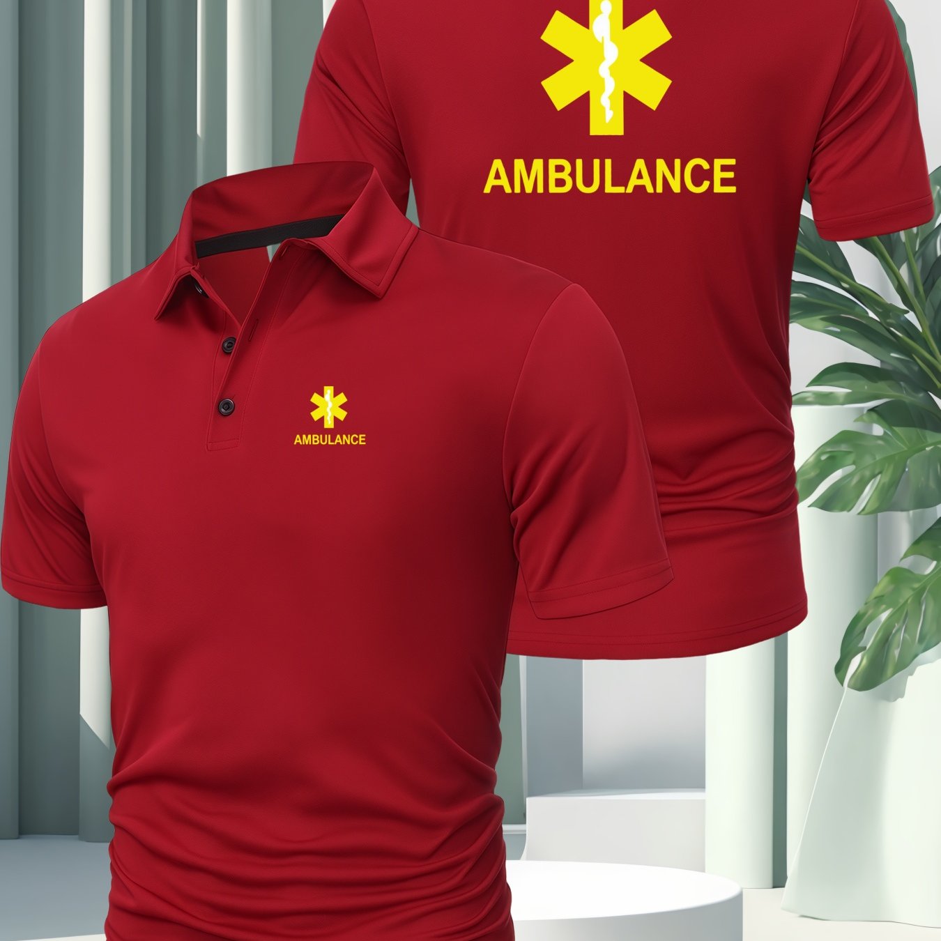 TEMU Men's Summer Collared Shirt, Front And Back Printed "ambulance" Logo. Quick-dry, Breathable, Non-deformable Fabric. Ideal For Home Casual Wear,