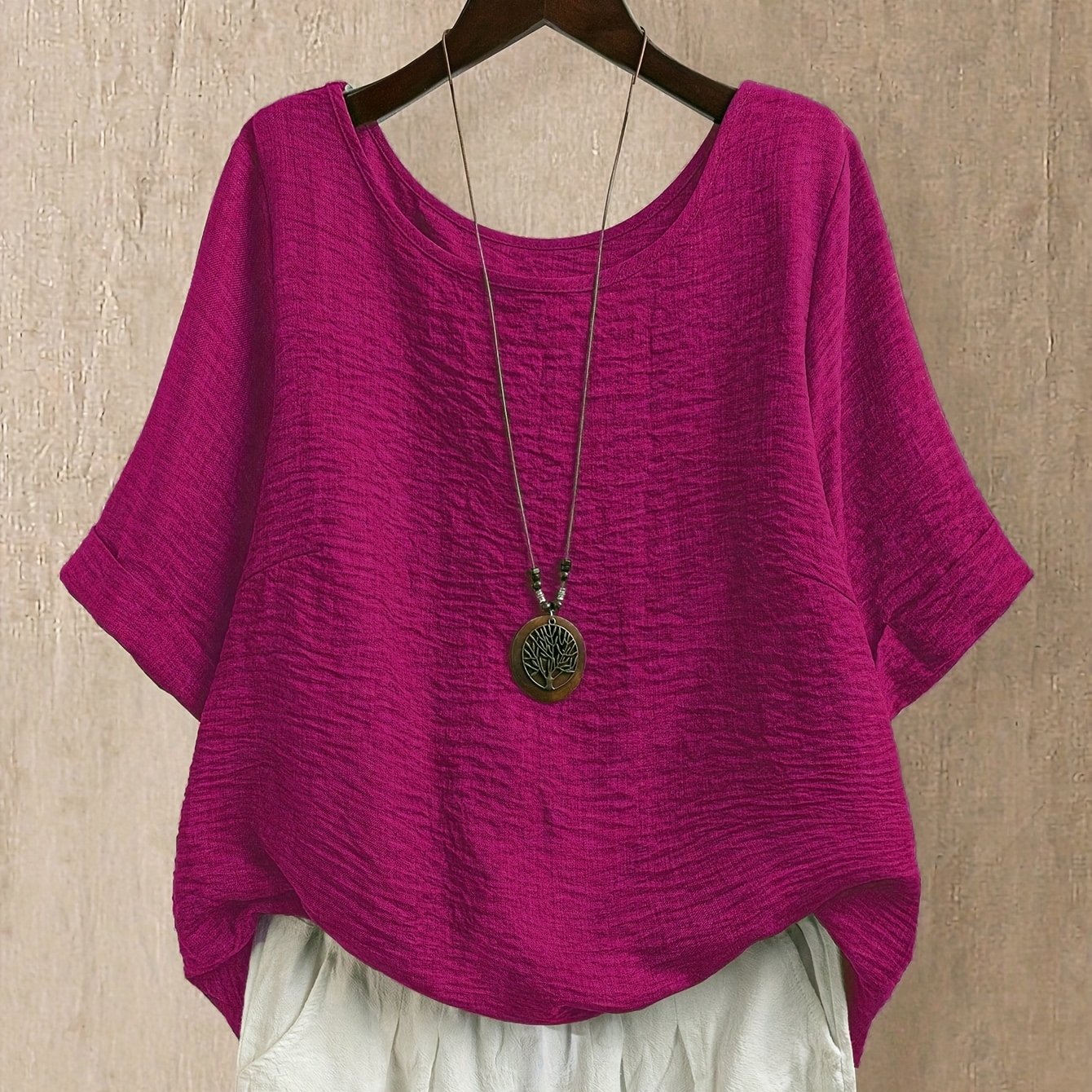 Plus Size, Women's Plus Size Round Neck Rolled Sleeve Short Sleeve Shirt
