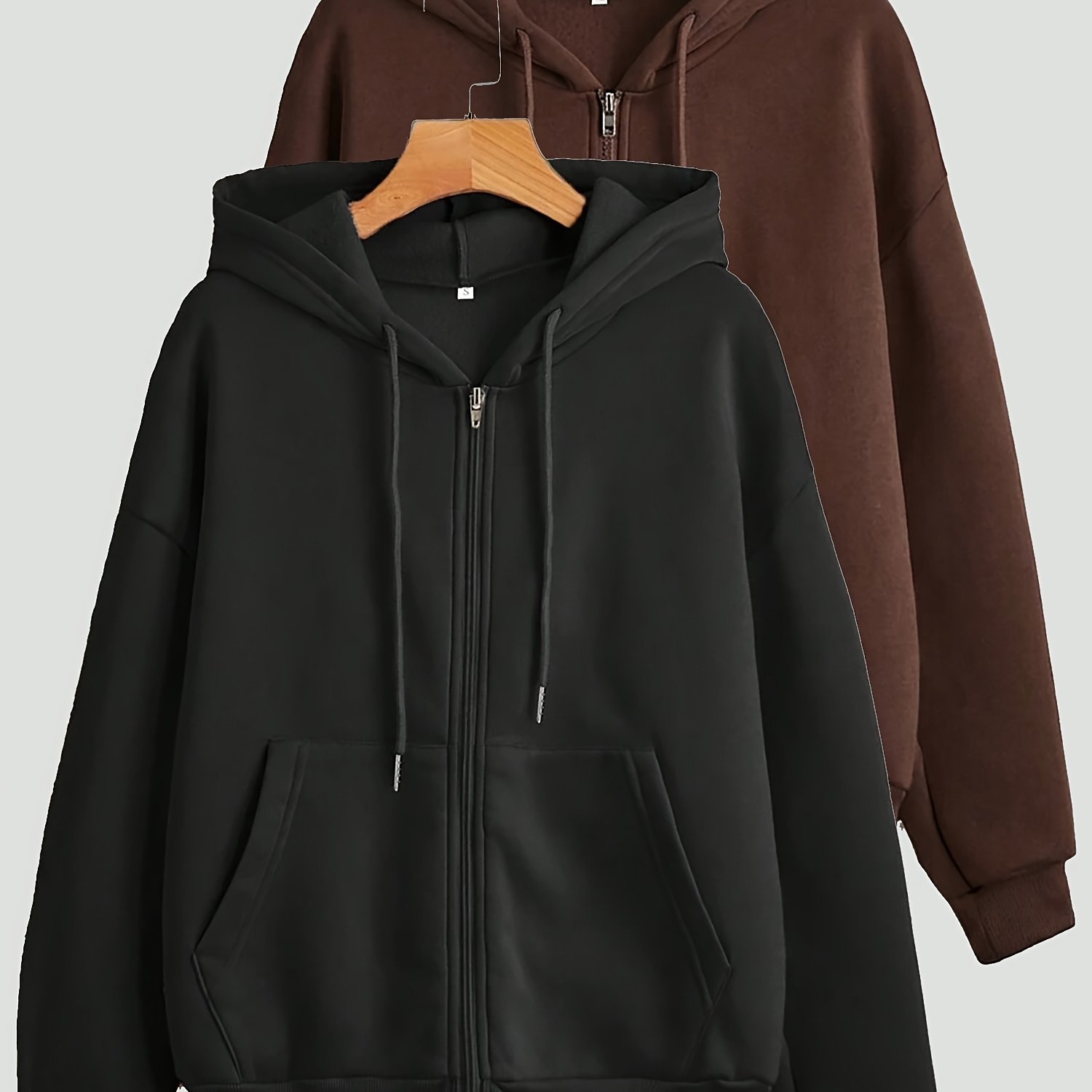TEMU 2pcs Set Women' Casual Zip-up Hoodie, 2pcs Solid /winter -lined Drawstring Drop Shoulder Hooded Sweatshirt With Pockets