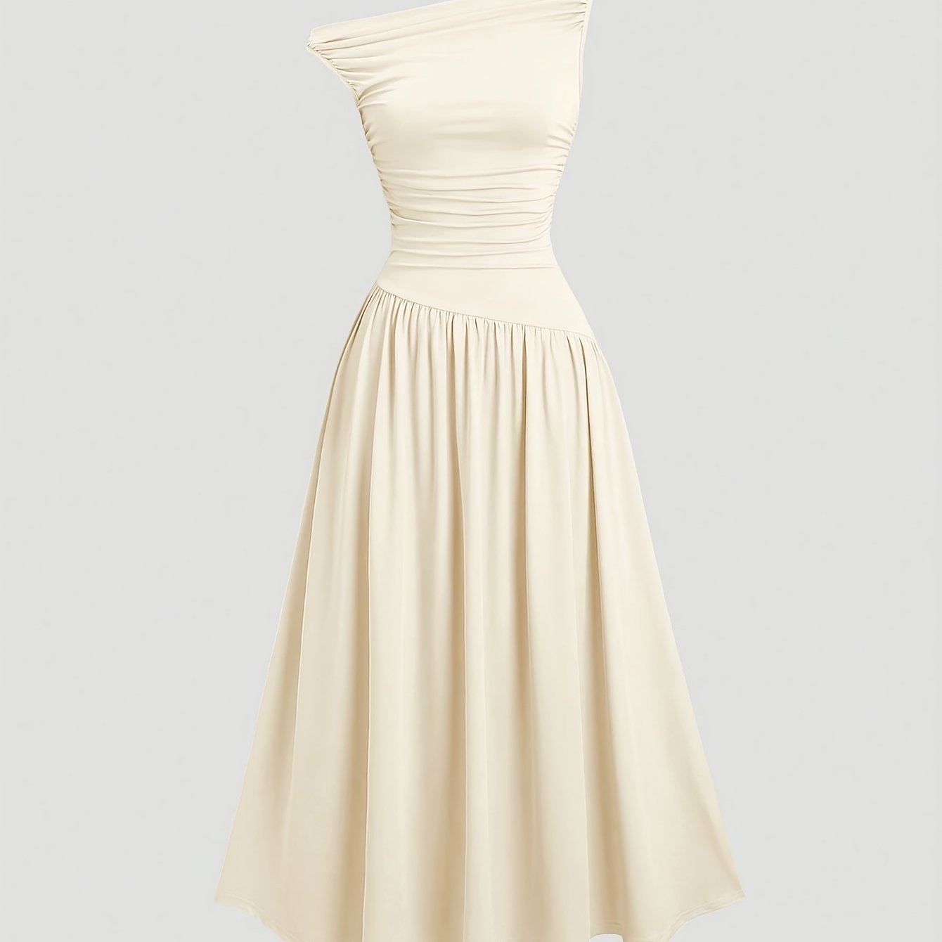 Image of Women's Elegant Solid Color Sleeveless Long Dress With An Asymmetrical Neckline, Perfect For Commuting And Autumn