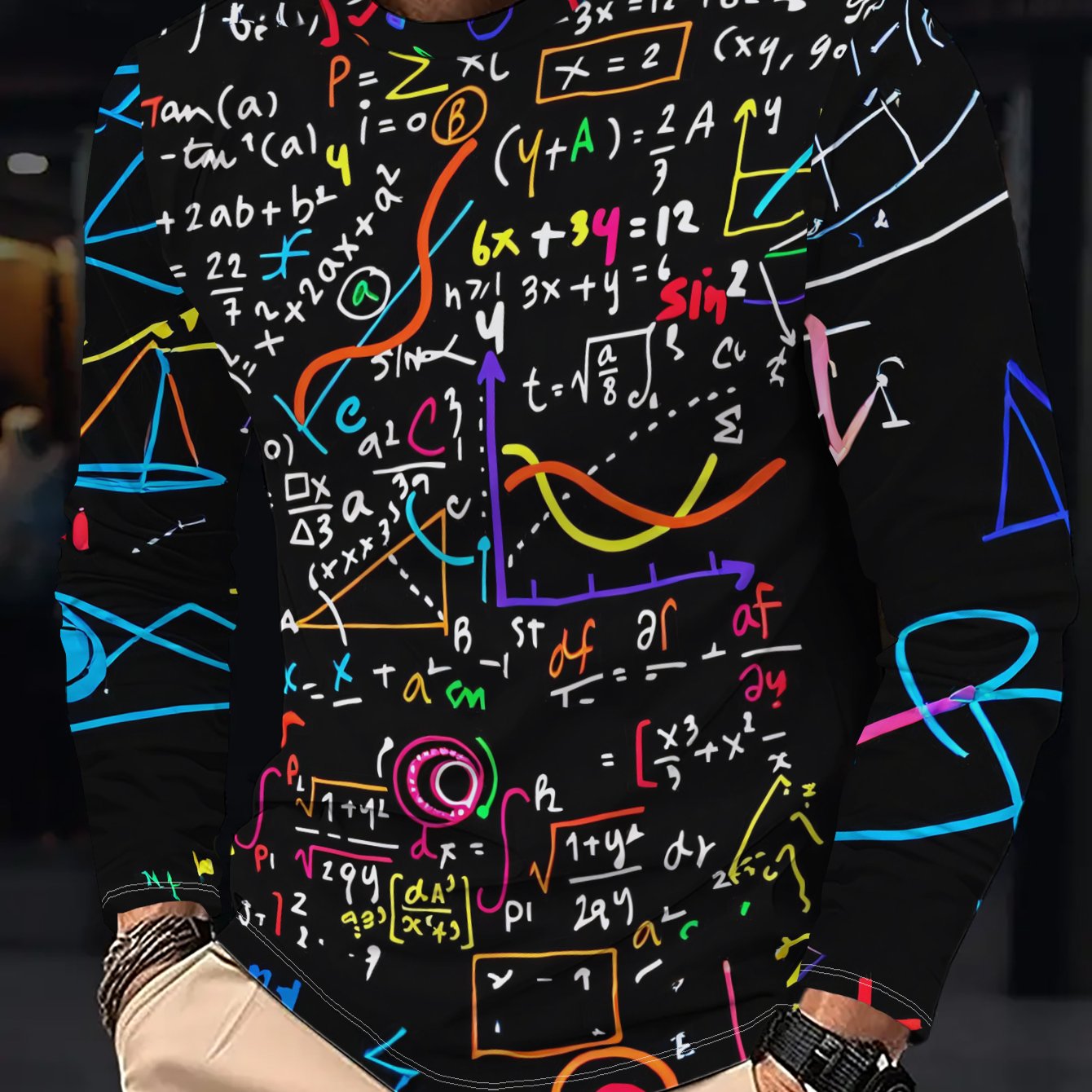 TEMU Men's Casual Long Sleeve T-shirt With Colorful Mathematical Formulas And Graphics Background, Soft And Comfortable, Suitable For Spring And